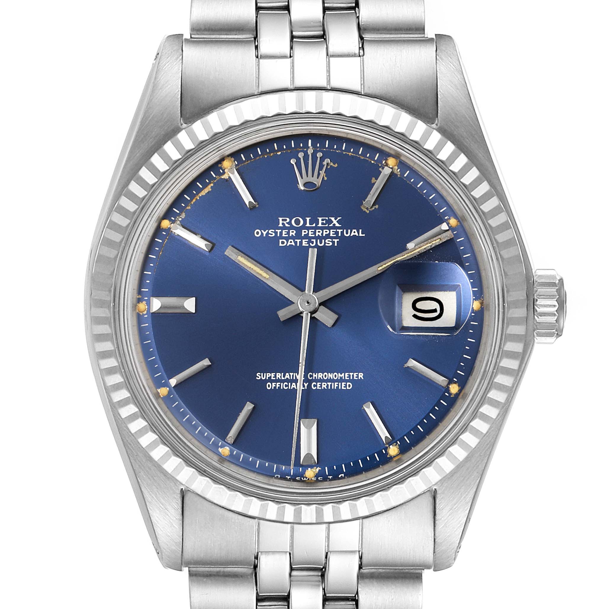 The image shows a frontal view of a Rolex Vintage Collection 1601 Men's Stainless Steel Blue Dial 1601 Men's Stainless Steel Blue Dial model, showcasing its blue dial, date window, and oyster bracelet.