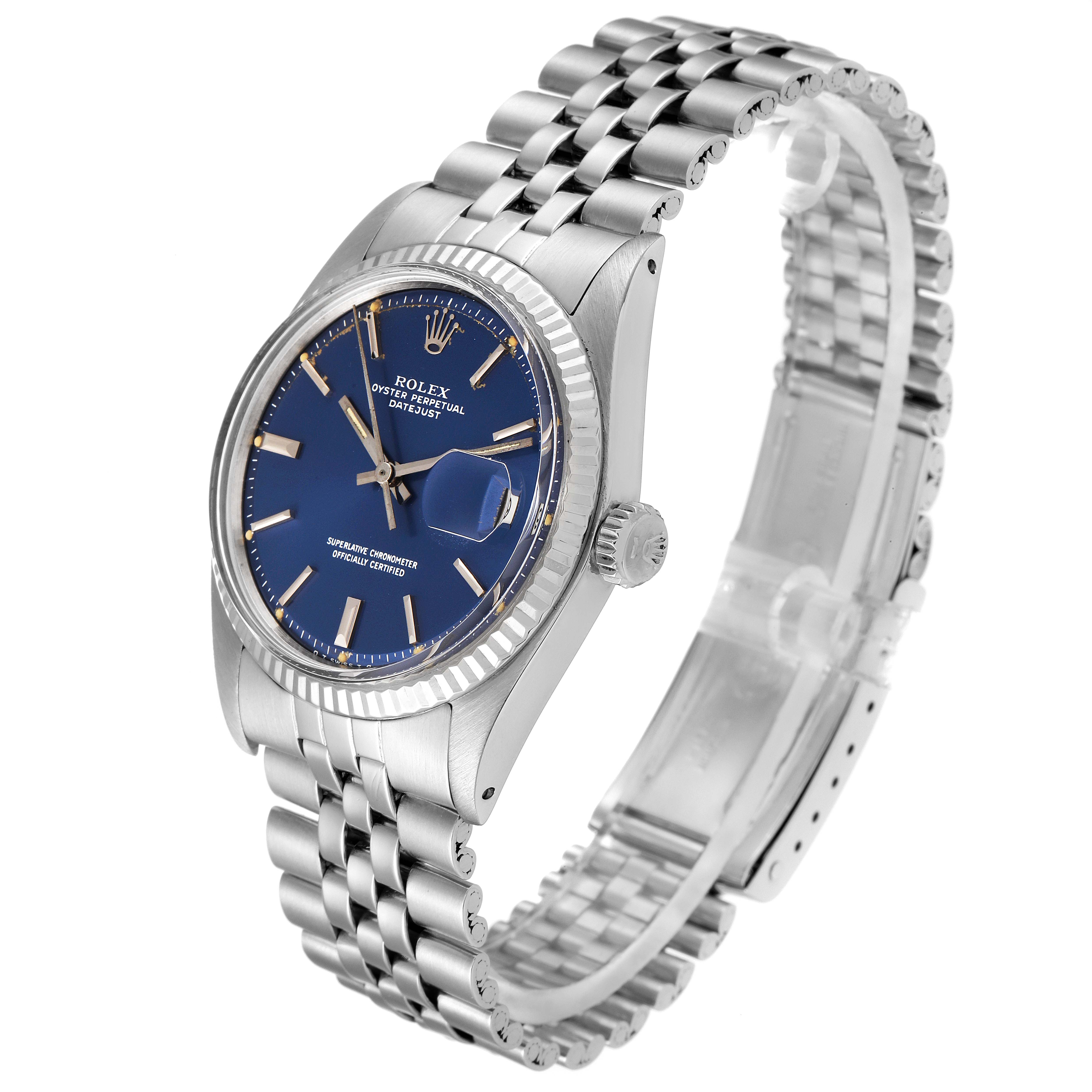 The Rolex Vintage Collection 1601 Men's Stainless Steel Blue Dial 1601 Men's Stainless Steel Blue Dial model is shown at a slight angle, displaying the blue dial, silver case, crown, and metal bracelet.
