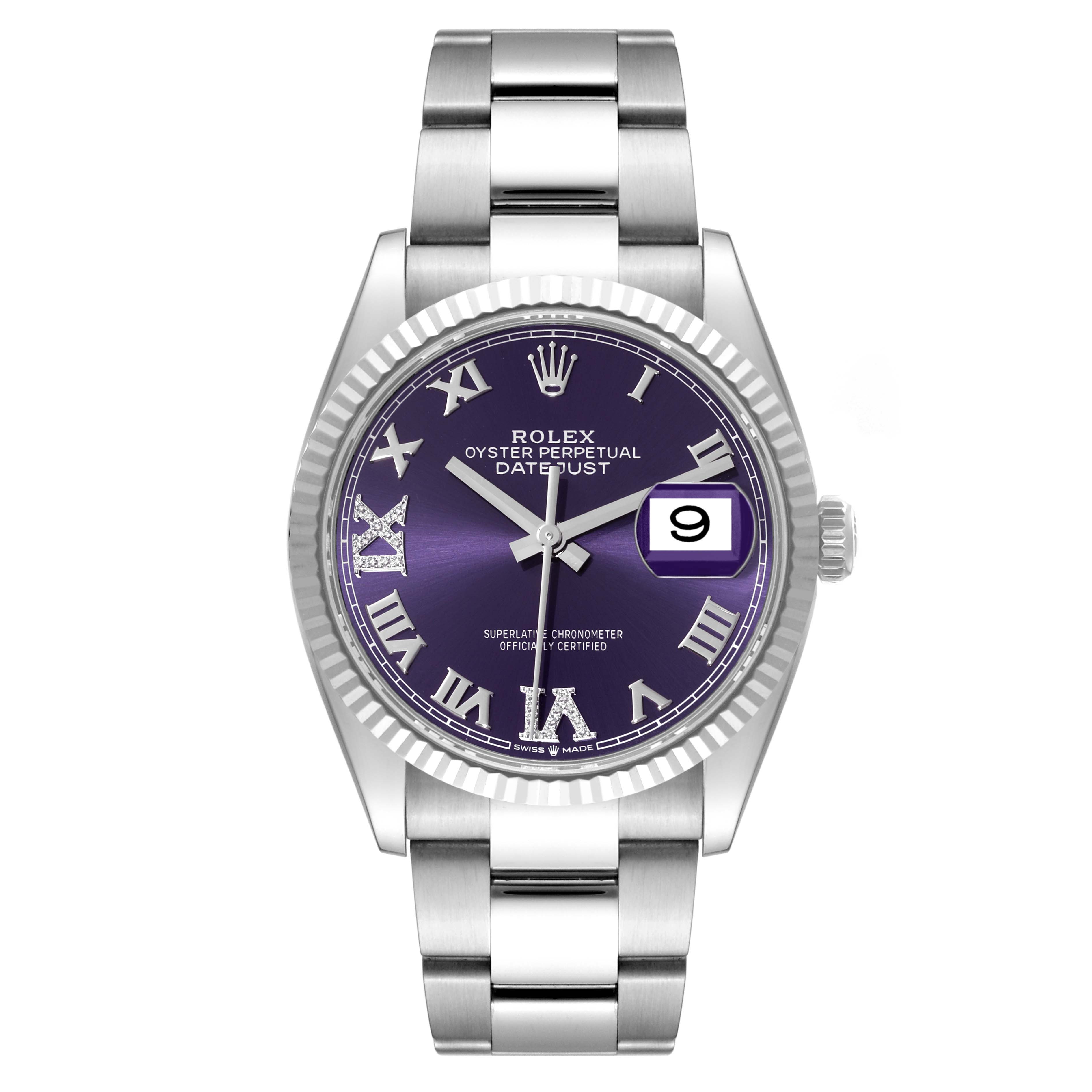 The image shows a front view of a Rolex Datejust 126234 Men's Stainless Steel Purple Dial 126234 Men's Stainless Steel Purple Dial watch, featuring a purple dial and a stainless steel bracelet.