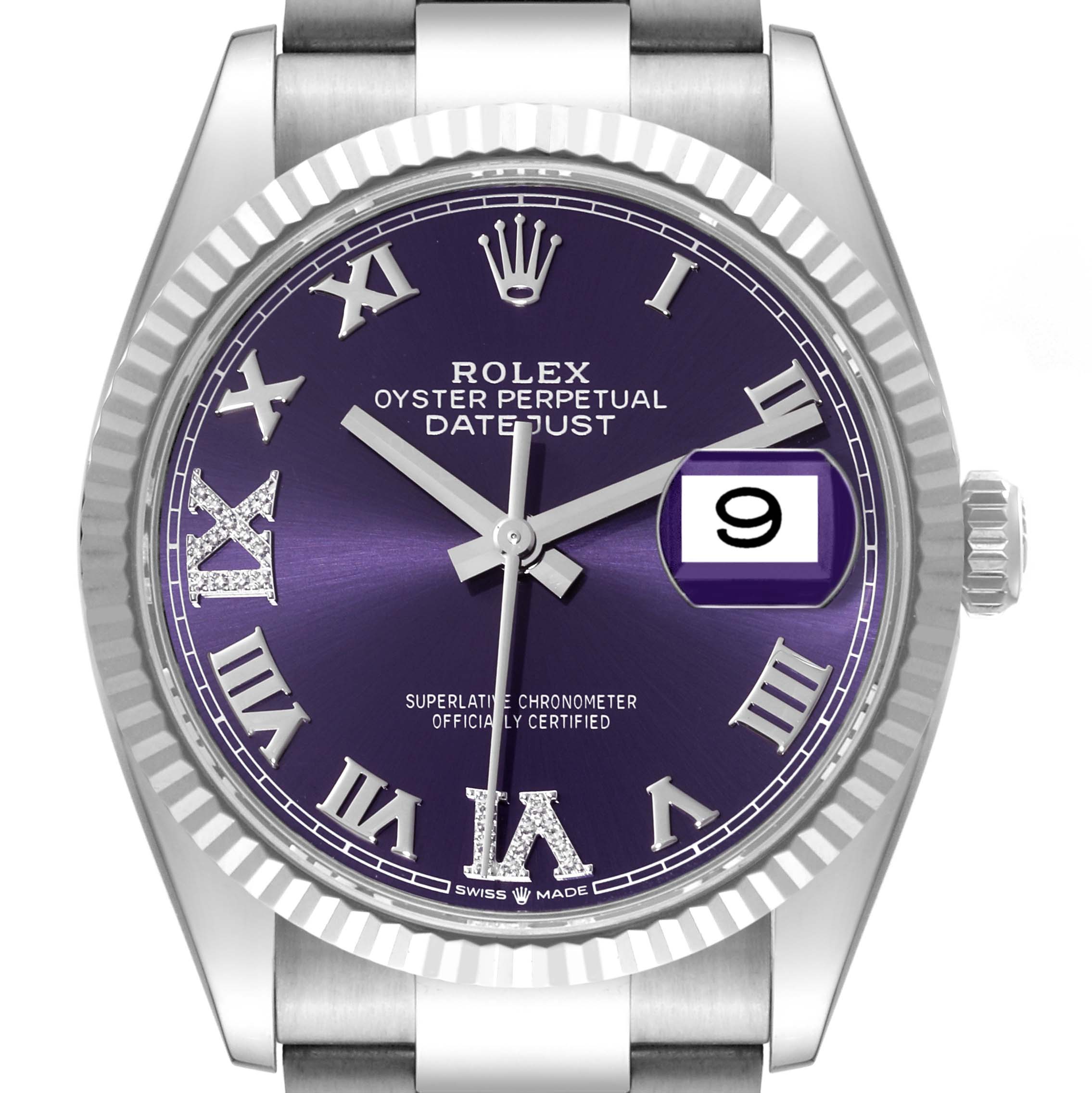 The image shows a close-up of the dial and bezel of a Rolex Datejust 126234 Men's Stainless Steel Purple Dial 126234 Men's Stainless Steel Purple Dial model, featuring a purple face with Roman numerals and a date window.