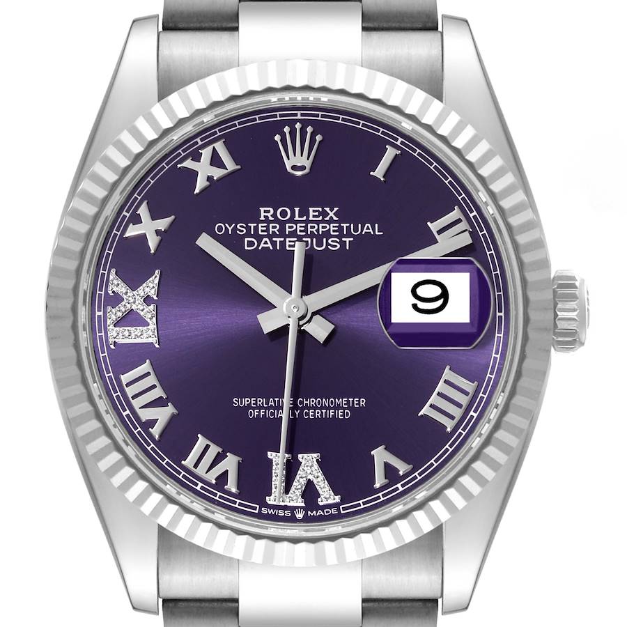 The image shows a close-up of the dial and bezel of a Rolex Datejust model, featuring a purple face with Roman numerals and a date window.