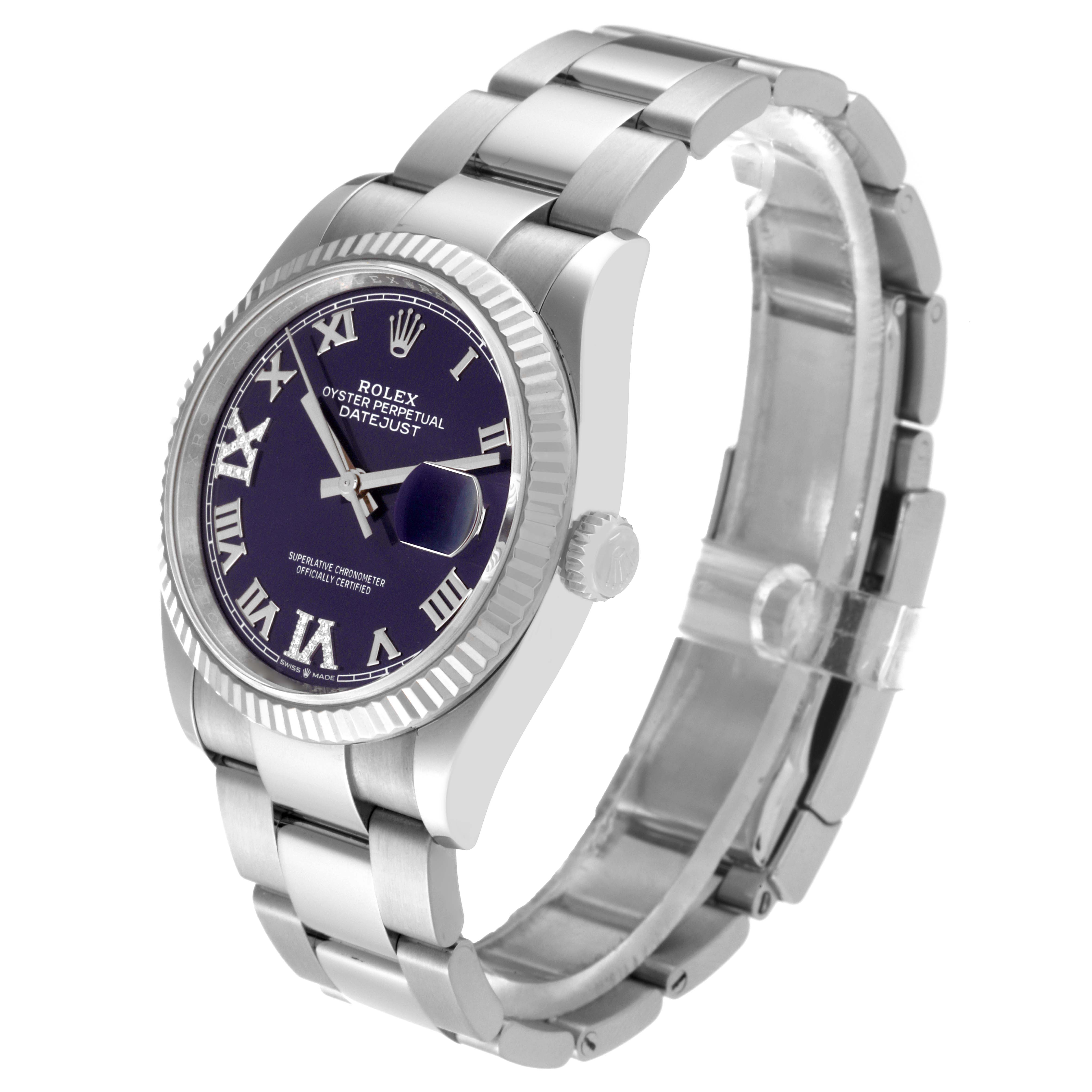 The Rolex Datejust 126234 Men's Stainless Steel Purple Dial 126234 Men's Stainless Steel Purple Dial watch is shown at a three-quarter angle, highlighting the dial, bezel, crown, and bracelet.