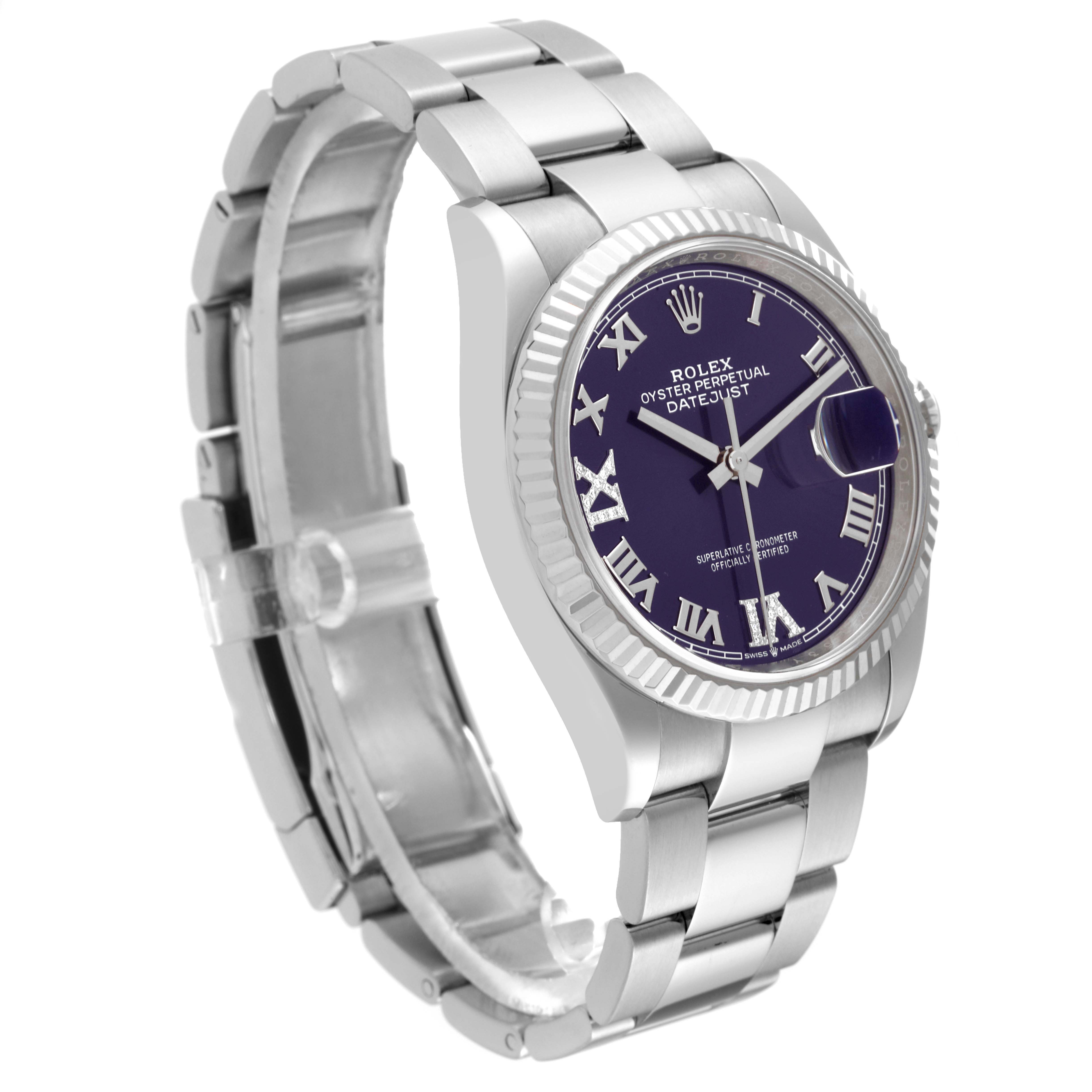 This Rolex Datejust 126234 Men's Stainless Steel Purple Dial 126234 Men's Stainless Steel Purple Dial watch is shown at a left front angle, featuring the bracelet, case, dial, and date window.