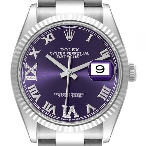 Photo of Rolex Datejust Steel White Gold Purple Dial Mens Watch 126234 Box Card