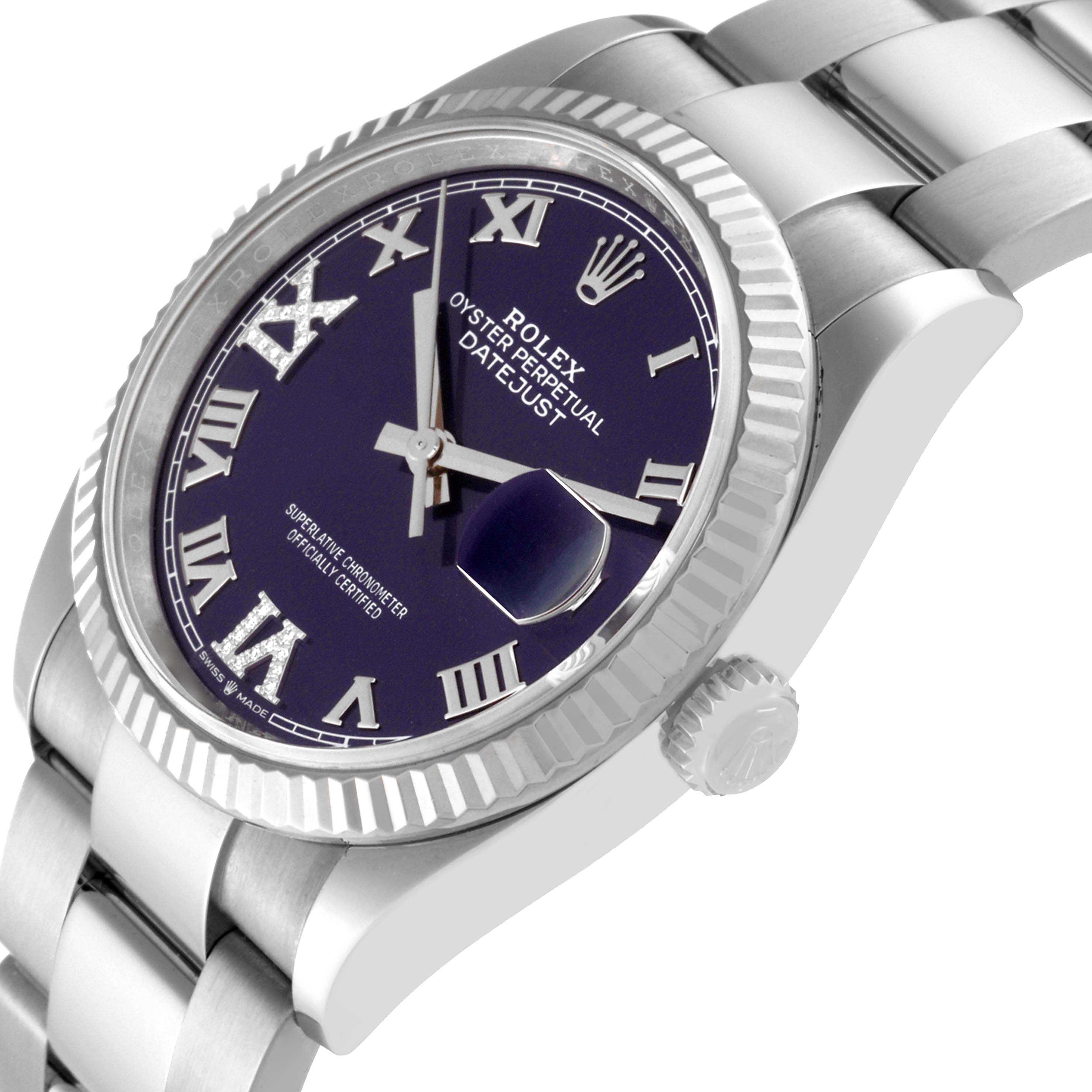 The image shows a close-up angle of the Rolex Datejust 126234 Men's Stainless Steel Purple Dial 126234 Men's Stainless Steel Purple Dial watch, highlighting the dial, bezel, crown, and part of the bracelet.