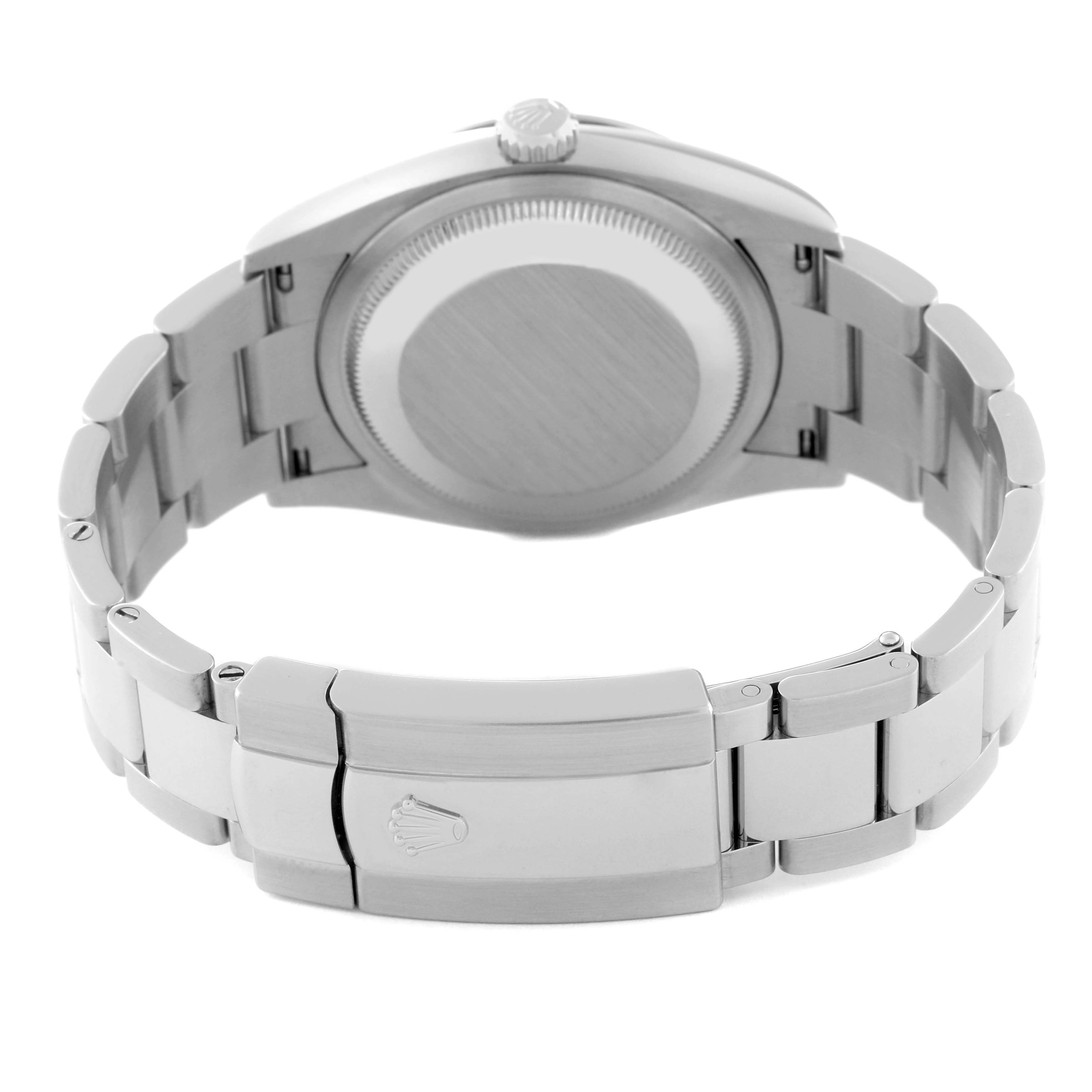 This image shows the back case, crown, and bracelet clasp of a Rolex Datejust 126234 Men's Stainless Steel Purple Dial 126234 Men's Stainless Steel Purple Dial watch.