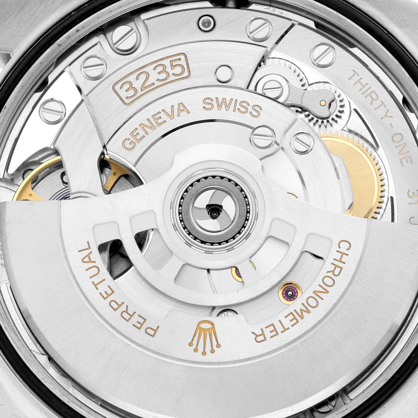This close-up image shows the intricate movement mechanism of a Rolex Datejust 126234 Men's Stainless Steel Purple Dial 126234 Men's Stainless Steel Purple Dial watch, highlighting the Geneva seal and model number 3235.