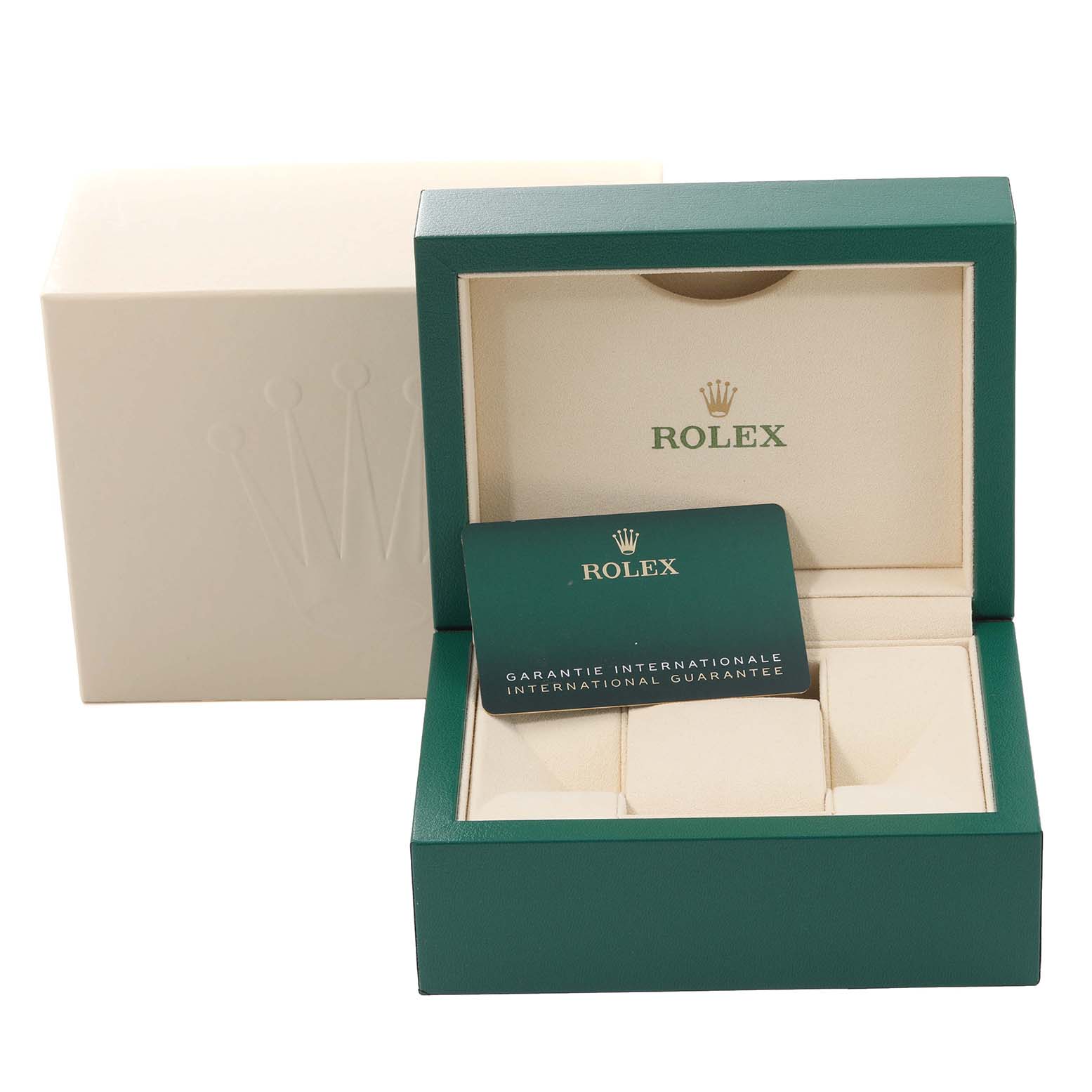 The image shows the open box and international guarantee card for a Rolex Datejust 126234 Men's Stainless Steel Purple Dial 126234 Men's Stainless Steel Purple Dial watch.
