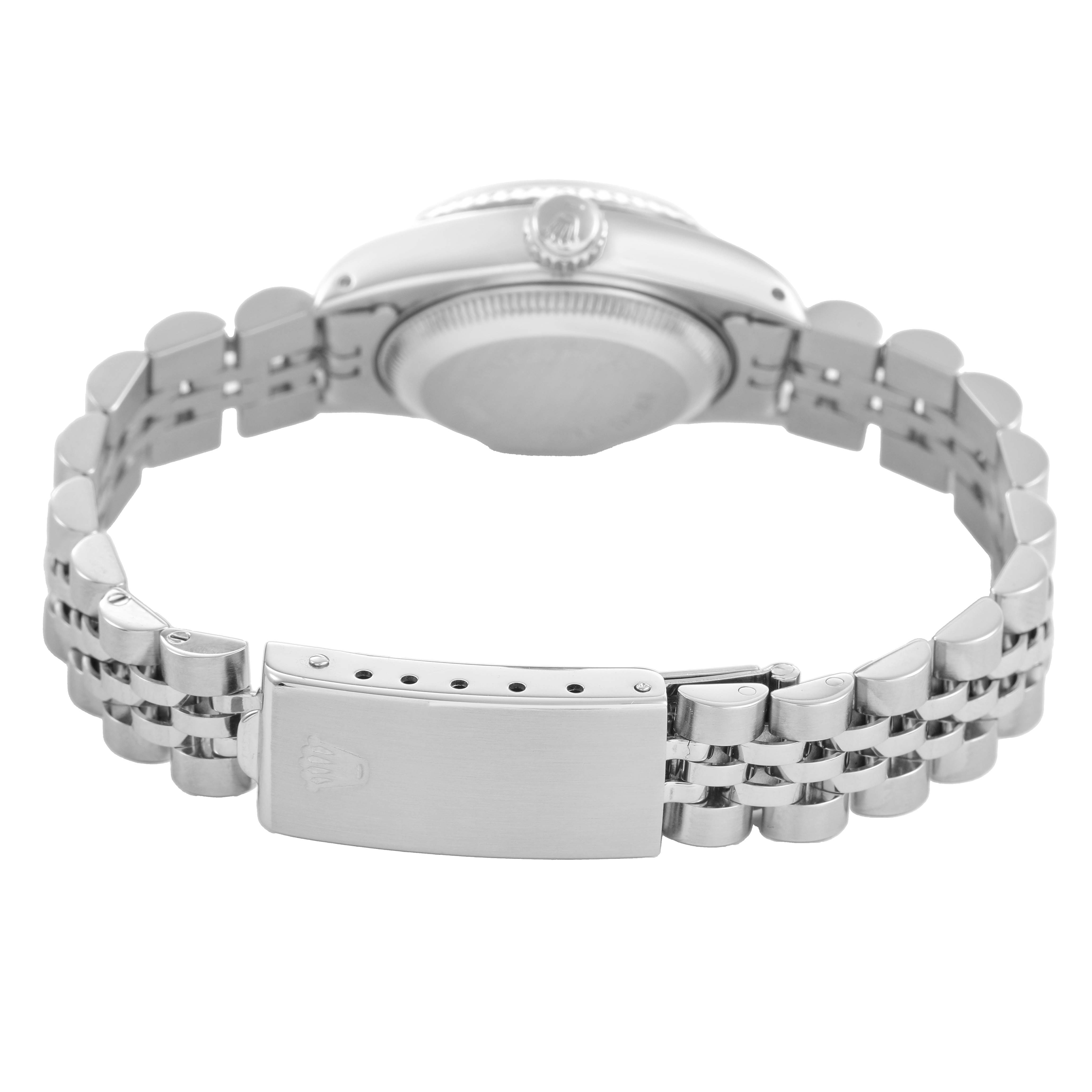 The Rolex Datejust 69174 Women's Stainless Steel Silver Dial watch is shown from the back, highlighting the case, bracelet, and clasp.