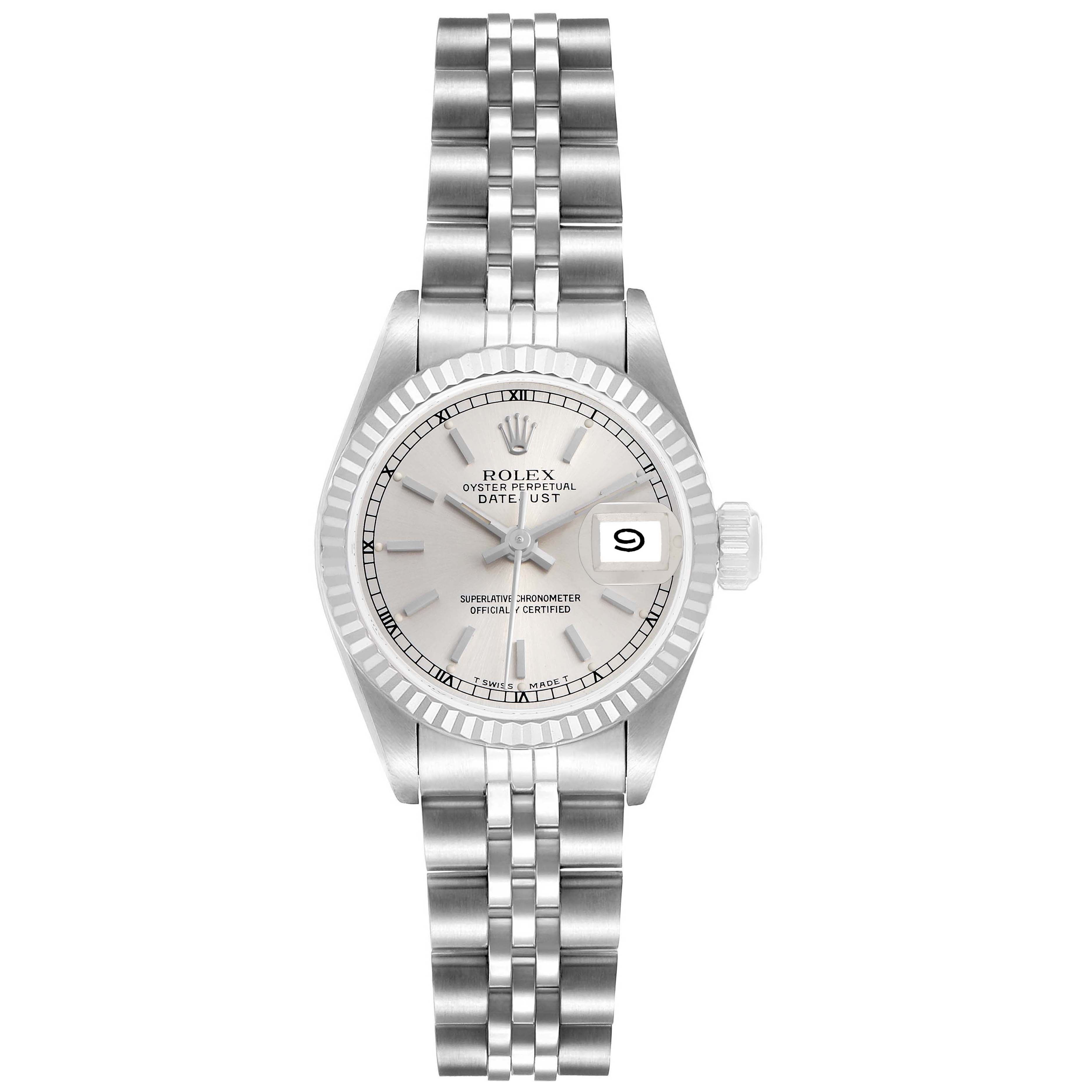 The Rolex Datejust 69174 Women's Stainless Steel Silver Dial watch is shown from a top view, displaying its dial, bezel, bracelet, and date feature.