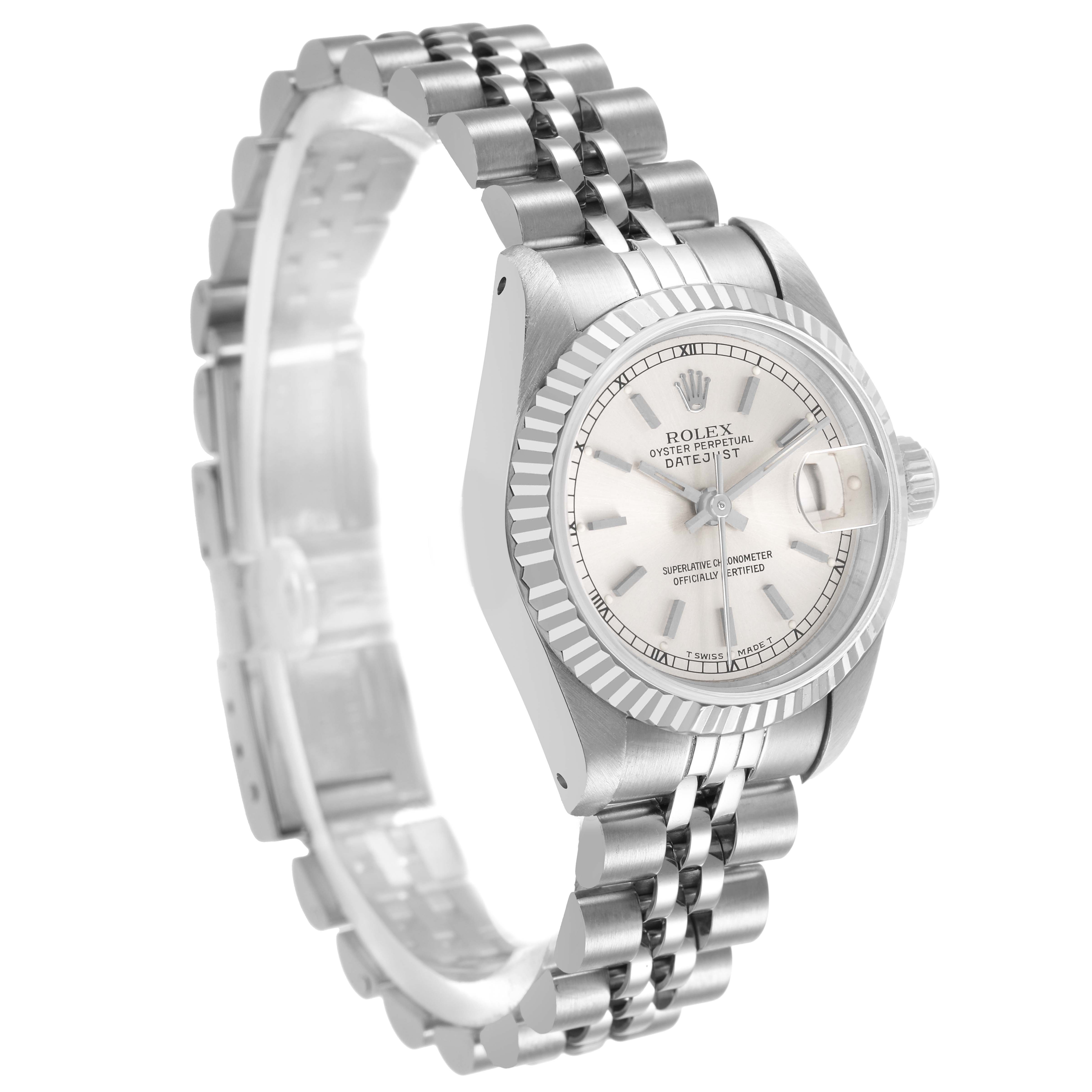 The Rolex Datejust 69174 Women's Stainless Steel Silver Dial is shown at a three-quarter angle, displaying its face, bezel, and Jubilee bracelet.