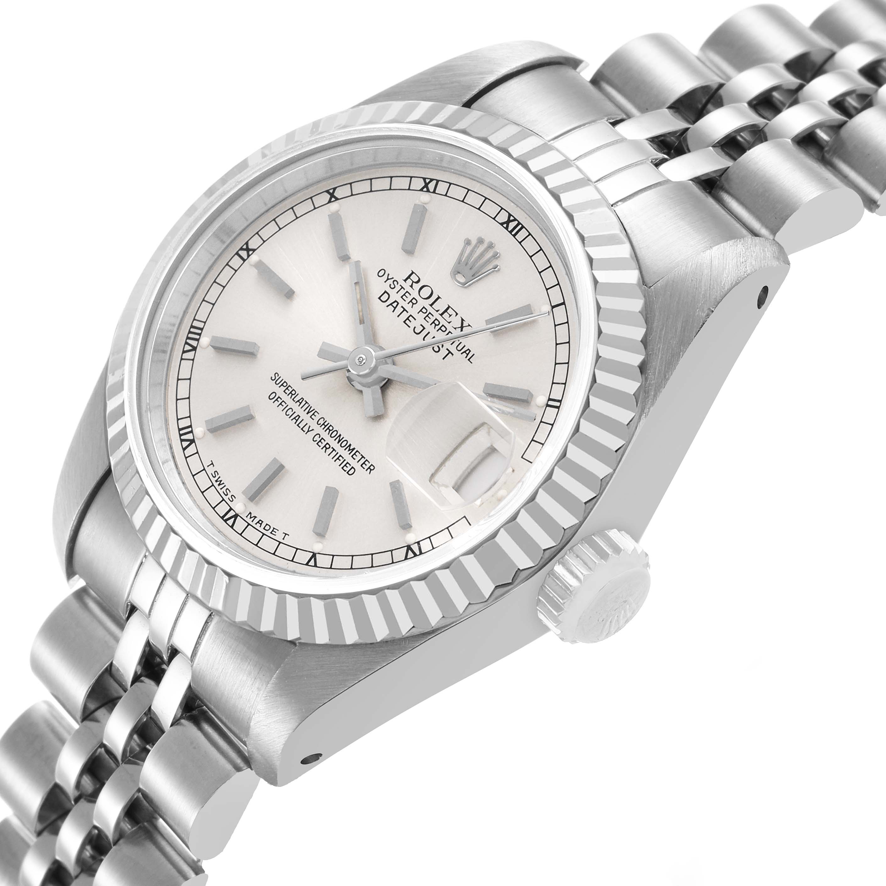 The Rolex Datejust 69174 Women's Stainless Steel Silver Dial watch is shown at a three-quarter angle, highlighting the face, bezel, crown, and part of the bracelet.