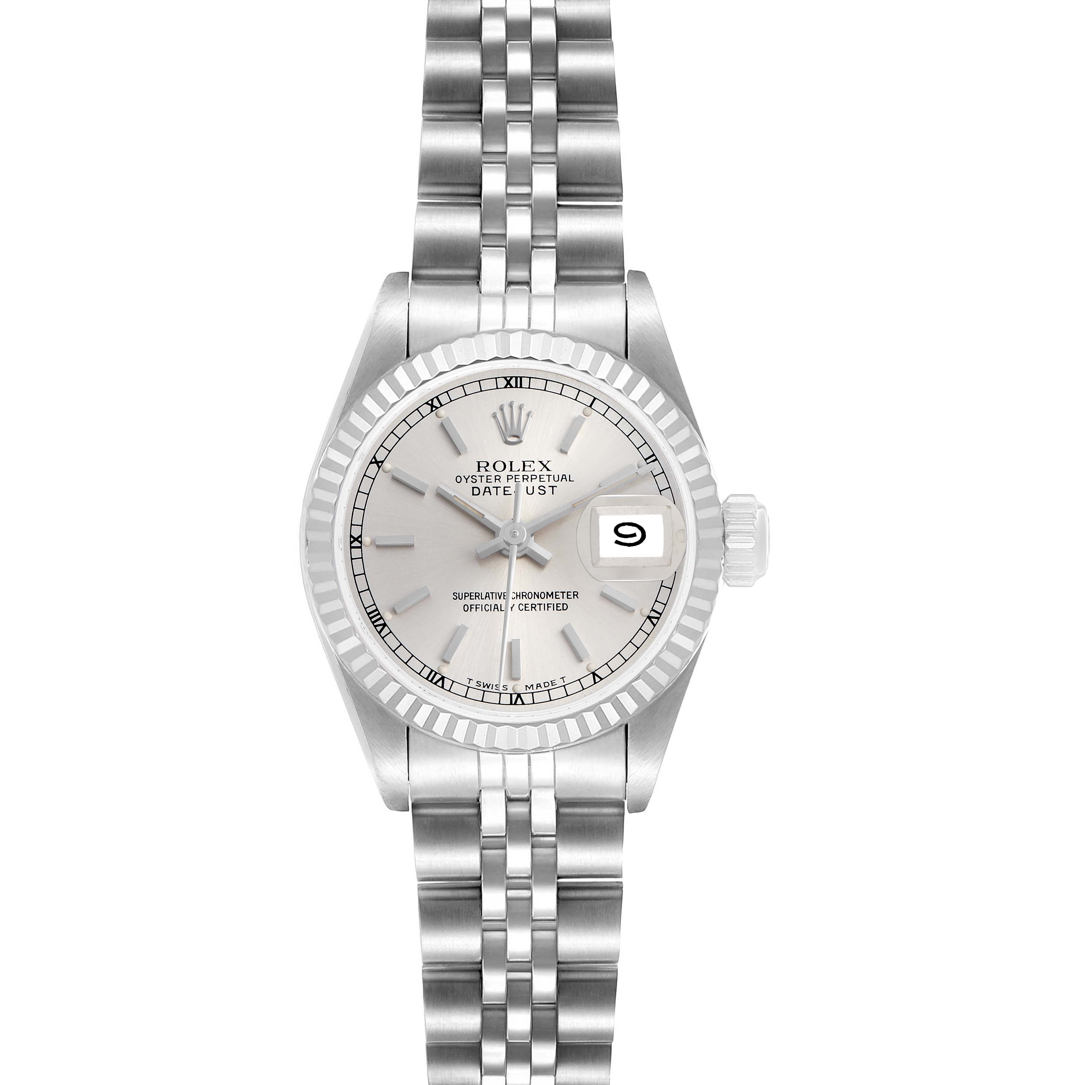 The Rolex Datejust 69174 Women's Stainless Steel Silver Dial watch is shown from a top view, featuring the dial, bezel, and bracelet prominently.