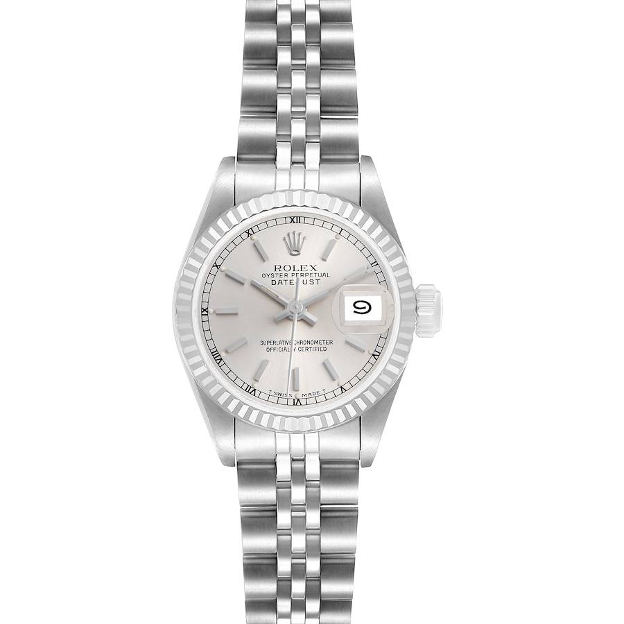 The Rolex Datejust 69174 Women's Stainless Steel Silver Dial watch is shown from a top view, featuring the dial, bezel, and bracelet prominently.