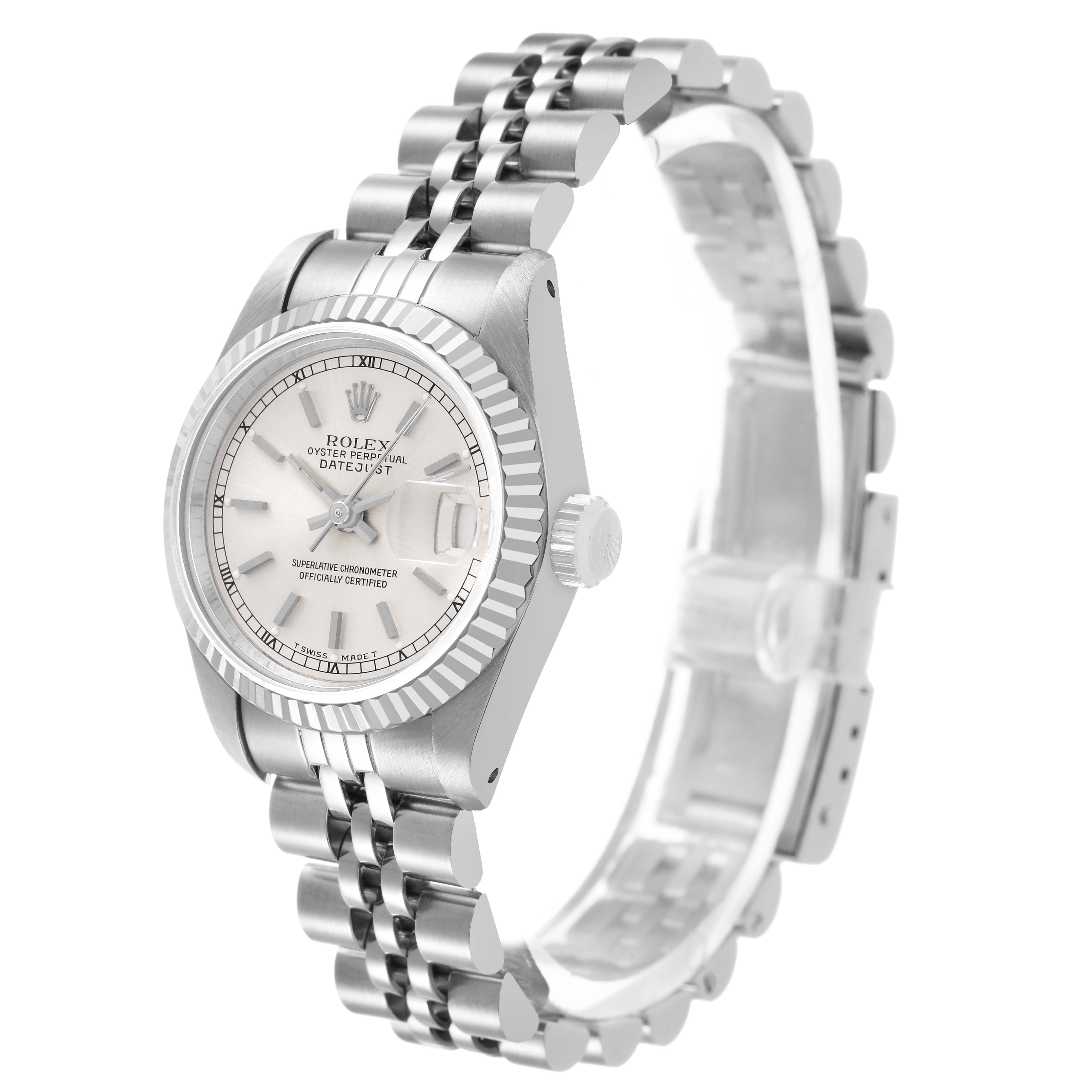The Rolex Datejust 69174 Women's Stainless Steel Silver Dial watch is shown at a three-quarter angle, highlighting the face, fluted bezel, crown, and Jubilee bracelet.