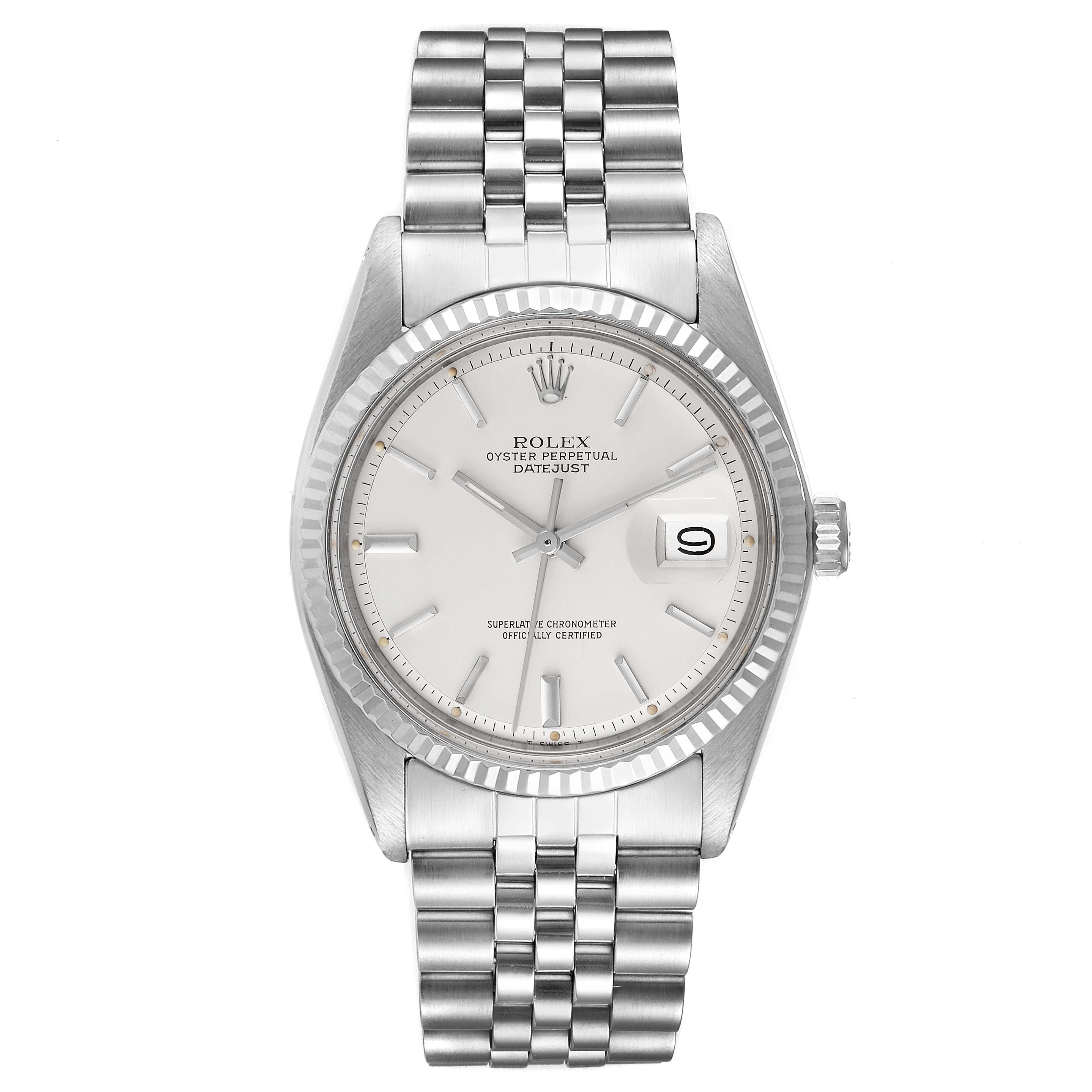 The image shows a Rolex Vintage Collection 1601 Men's Stainless Steel Silver Dial 1601 Men's Stainless Steel Silver Dial Datejust model from a front angle, displaying the dial, case, and bracelet.