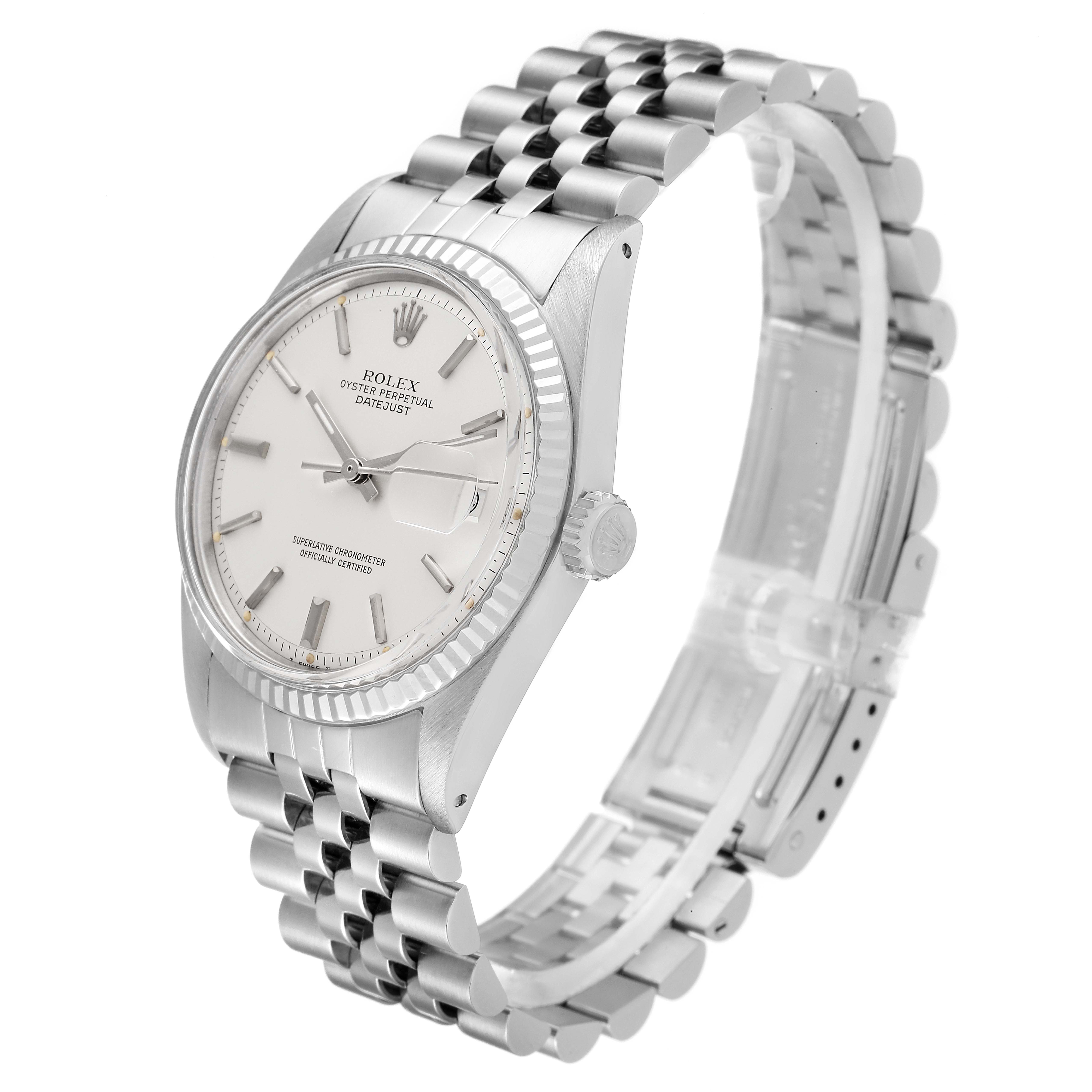 The image shows a Rolex Vintage Collection 1601 Men's Stainless Steel Silver Dial 1601 Men's Stainless Steel Silver Dial watch, model Oyster Perpetual Datejust, from an angled side view highlighting the dial and bracelet.