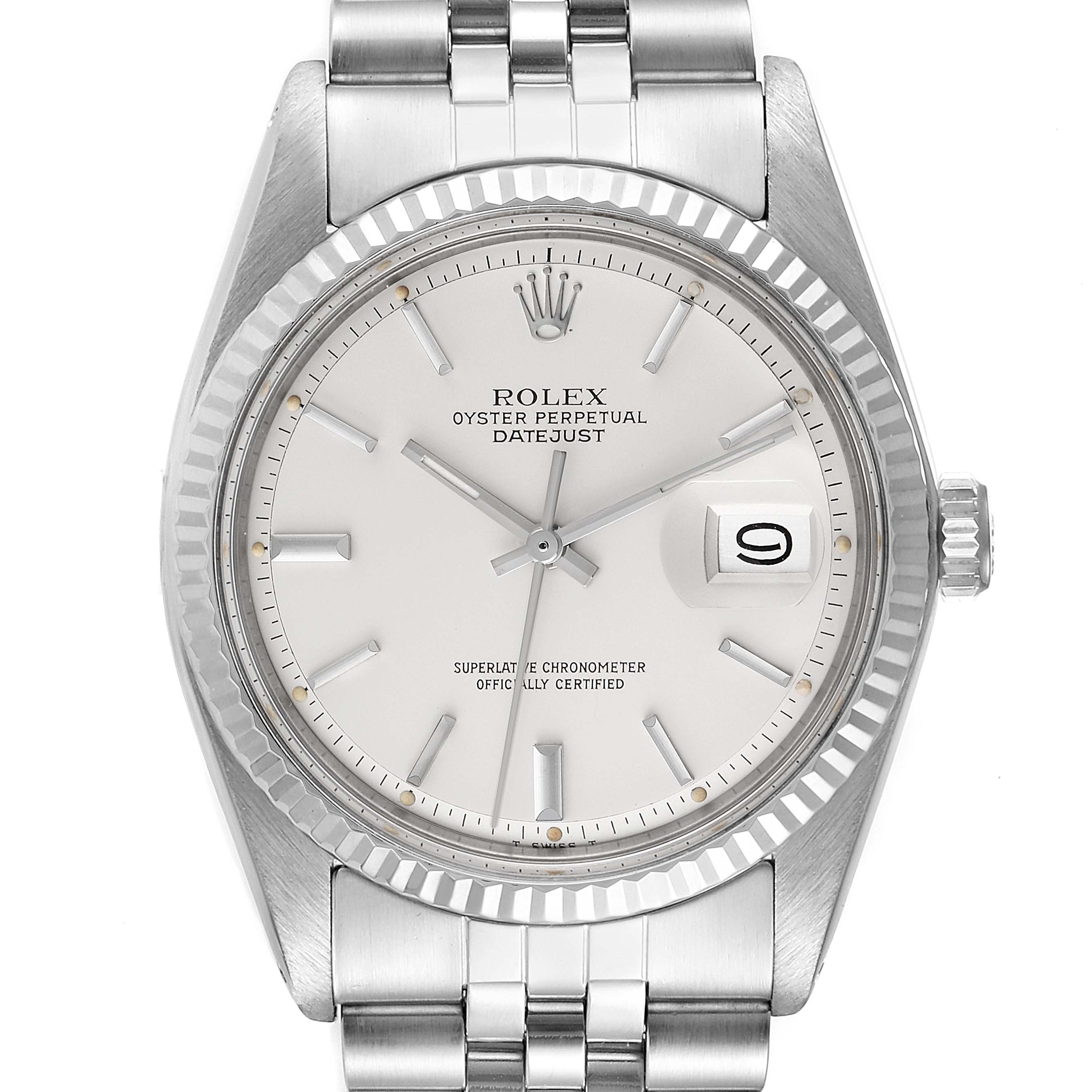 The image shows a front-facing angle of the Rolex Vintage Collection 1601 Men's Stainless Steel Silver Dial 1601 Men's Stainless Steel Silver Dial Oyster Perpetual Datejust watch.
