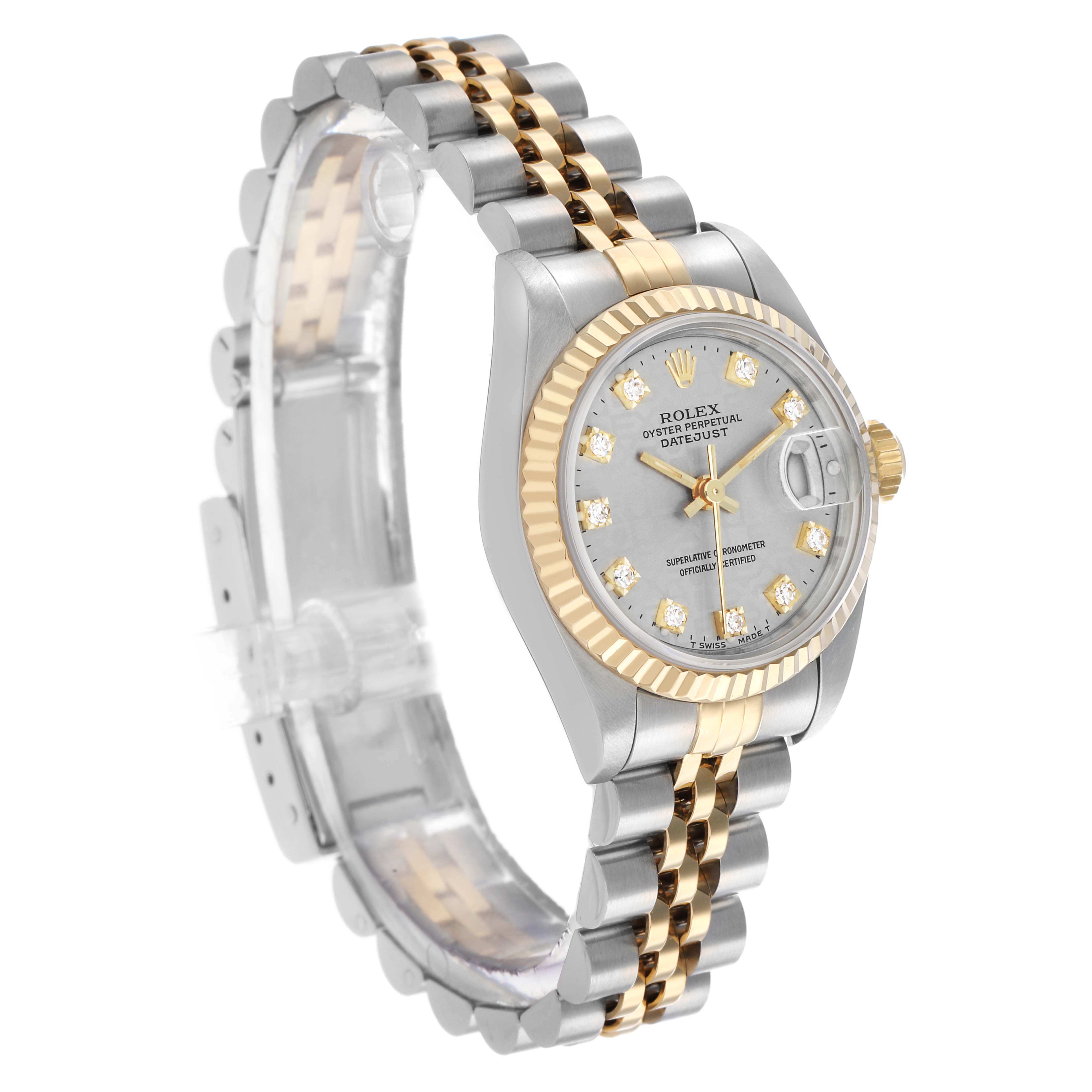The Rolex Datejust 69173 Women's Steel and Gold (two tone) Champagne Dial watch is shown from a left-side angle, featuring the face, bezel, crown, and part of the bracelet.