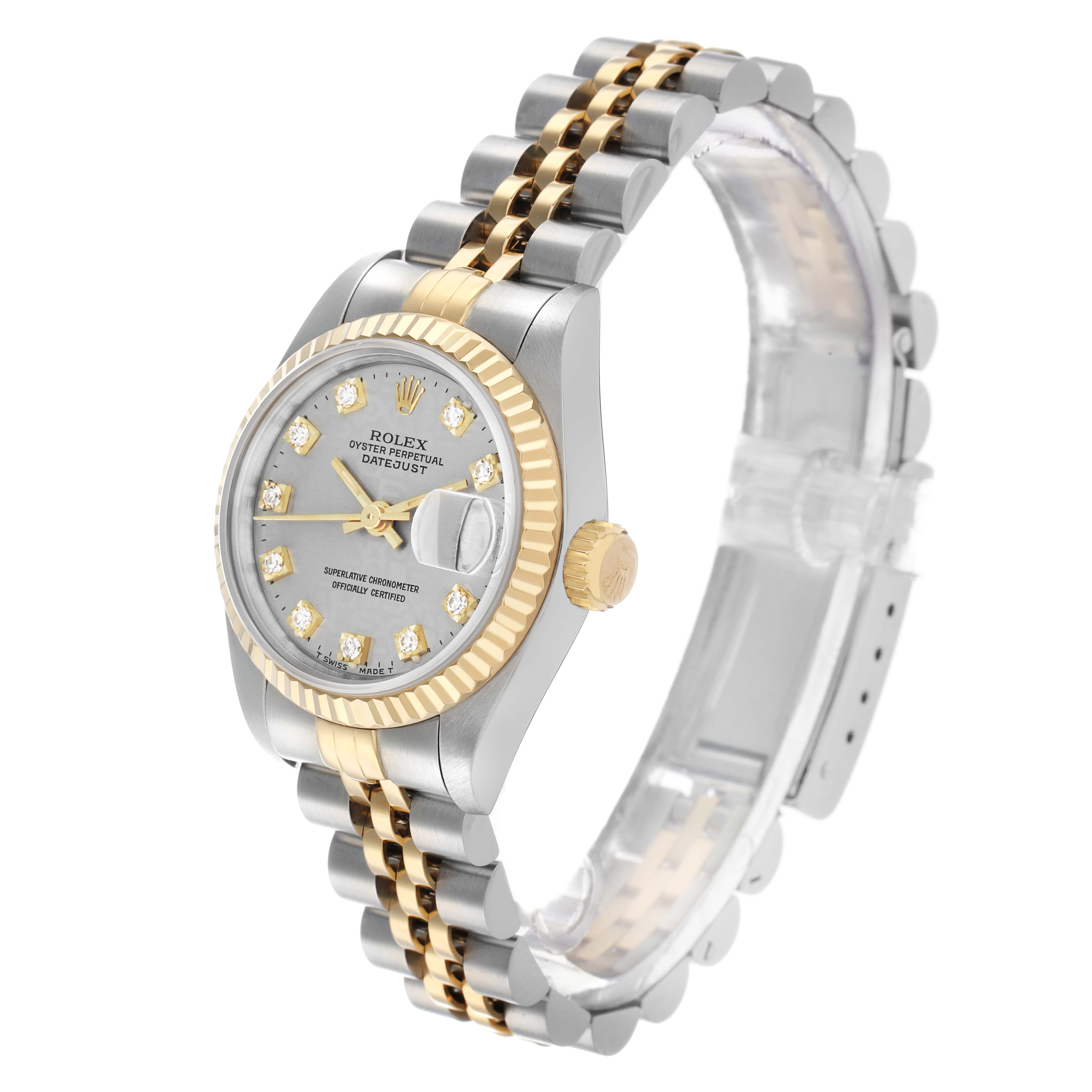The Rolex Datejust 69173 Women's Steel and Gold (two tone) Champagne Dial watch is shown at an angled side view, highlighting the dial, bezel, crown, and two-tone bracelet.