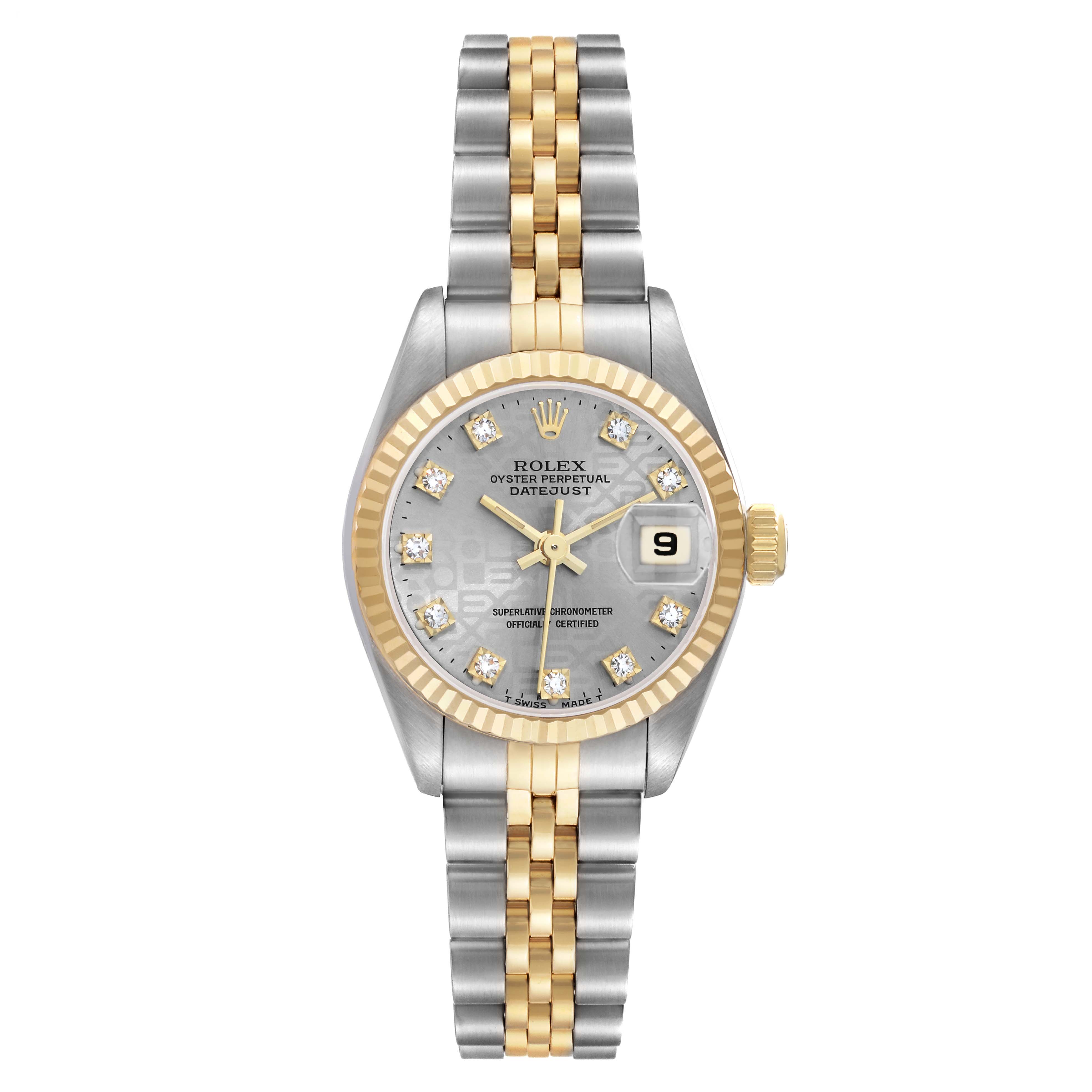 The Rolex Datejust 69173 Women's Steel and Gold (two tone) Champagne Dial watch is shown from a top view, highlighting its two-tone metal bracelet, dial, date window, and fluted bezel.