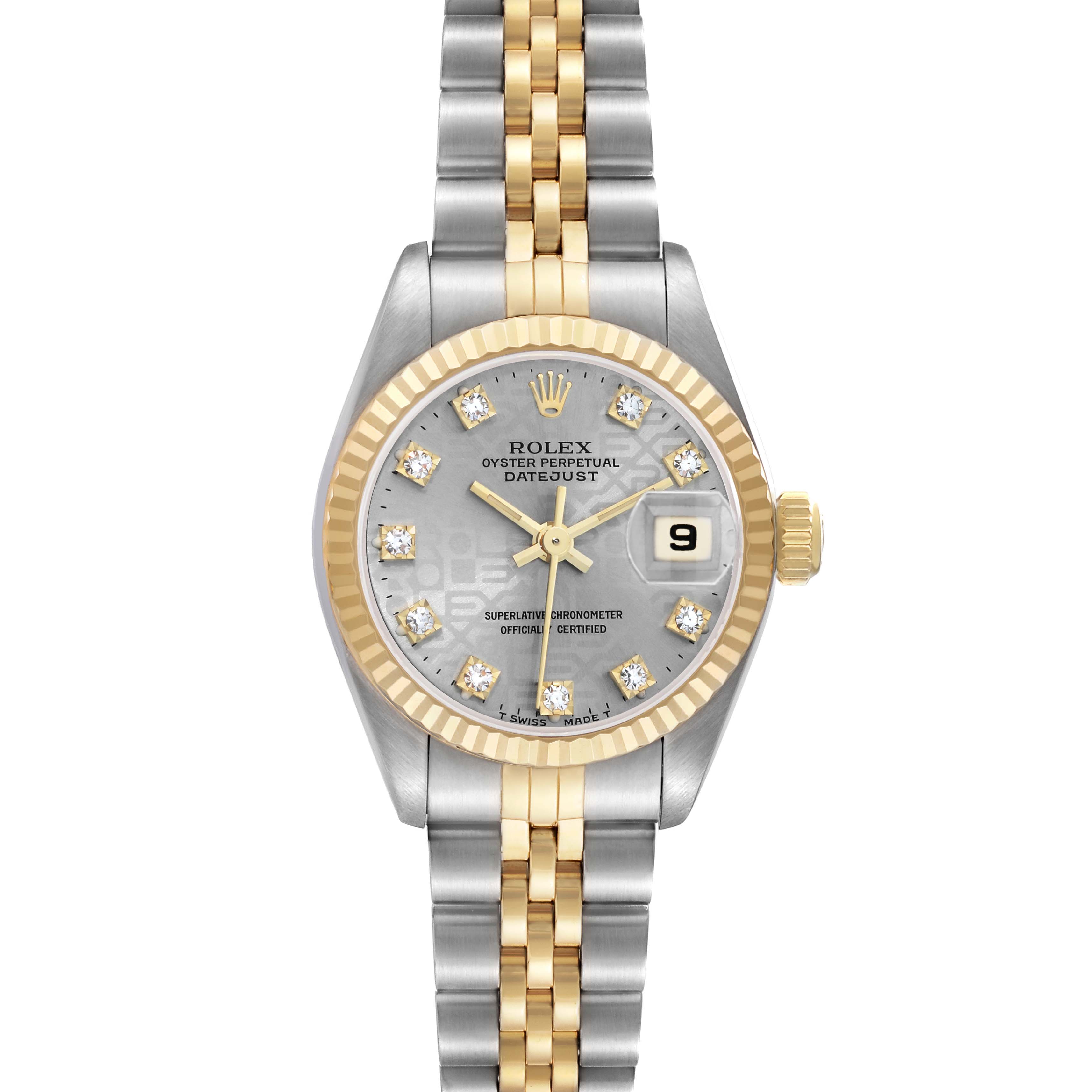 The Rolex Datejust 69173 Women's Steel and Gold (two tone) Champagne Dial is shown from a front angle, displaying its two-tone bracelet, fluted bezel, and diamond hour markers.