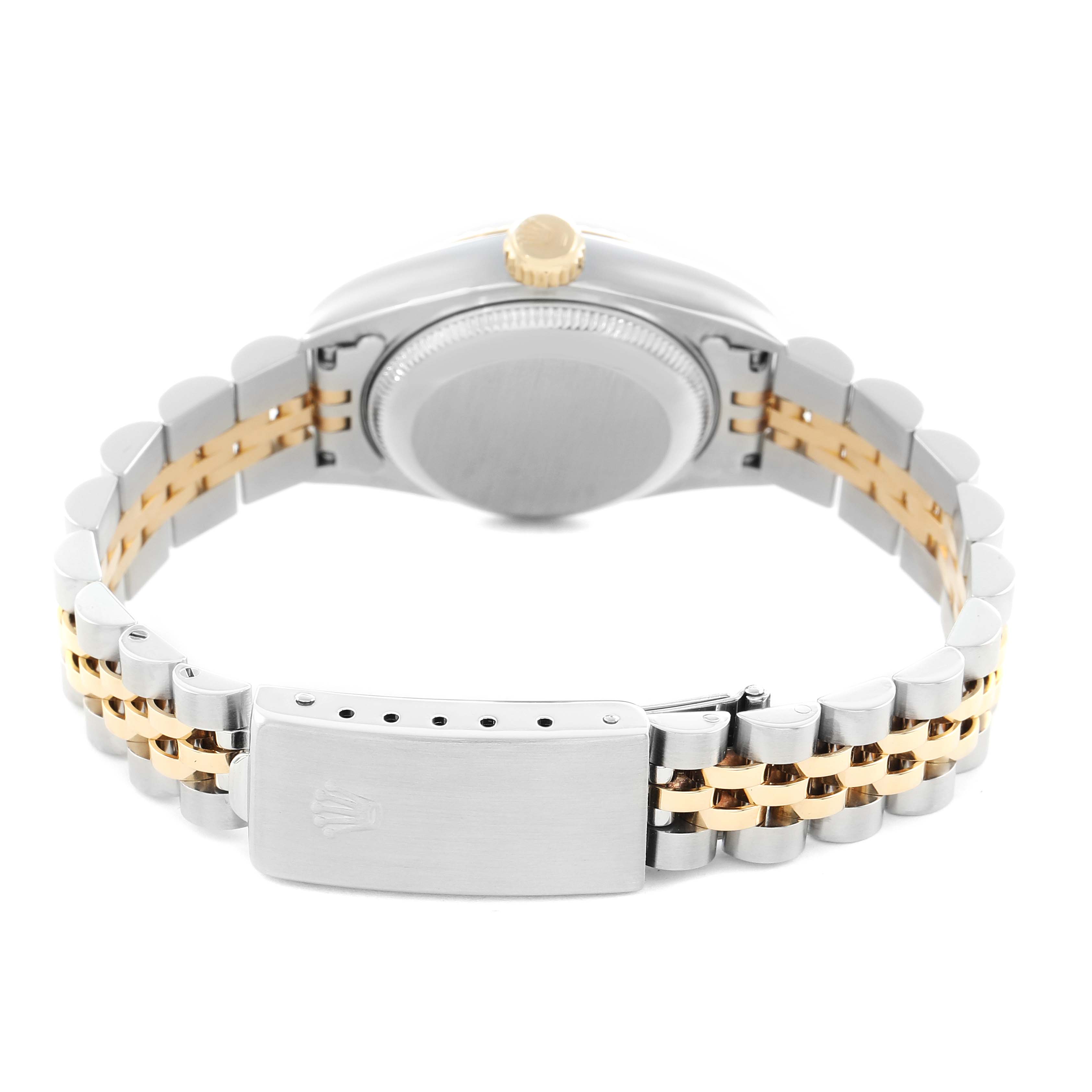 The image shows the Rolex Datejust 69173 Women's Steel and Gold (two tone) Champagne Dial watch from the backside, highlighting the case back, crown, and the two-tone bracelet with clasp.