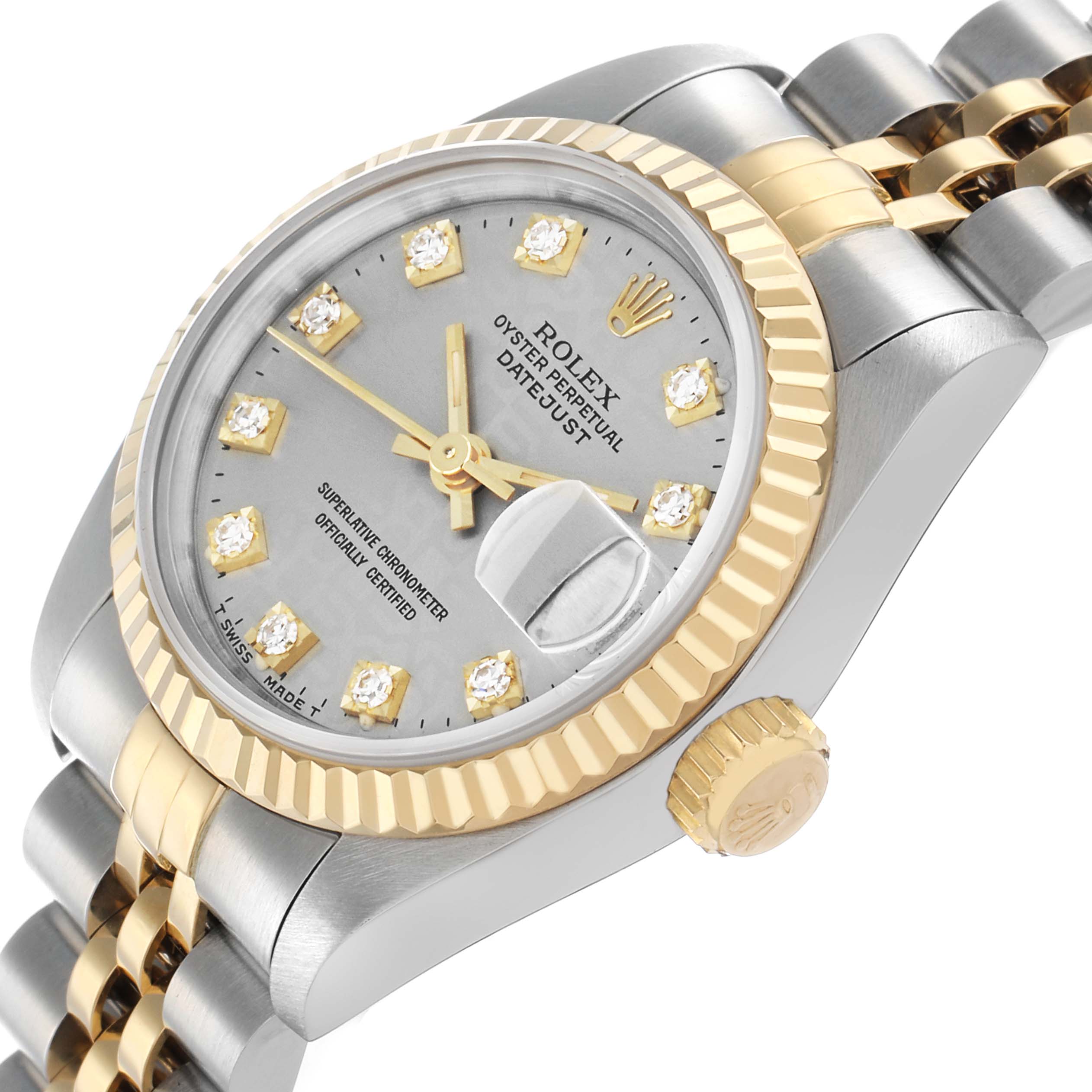 The Rolex Datejust 69173 Women's Steel and Gold (two tone) Champagne Dial watch is shown at an angle highlighting the face, bezel, crown, and part of the bracelet.