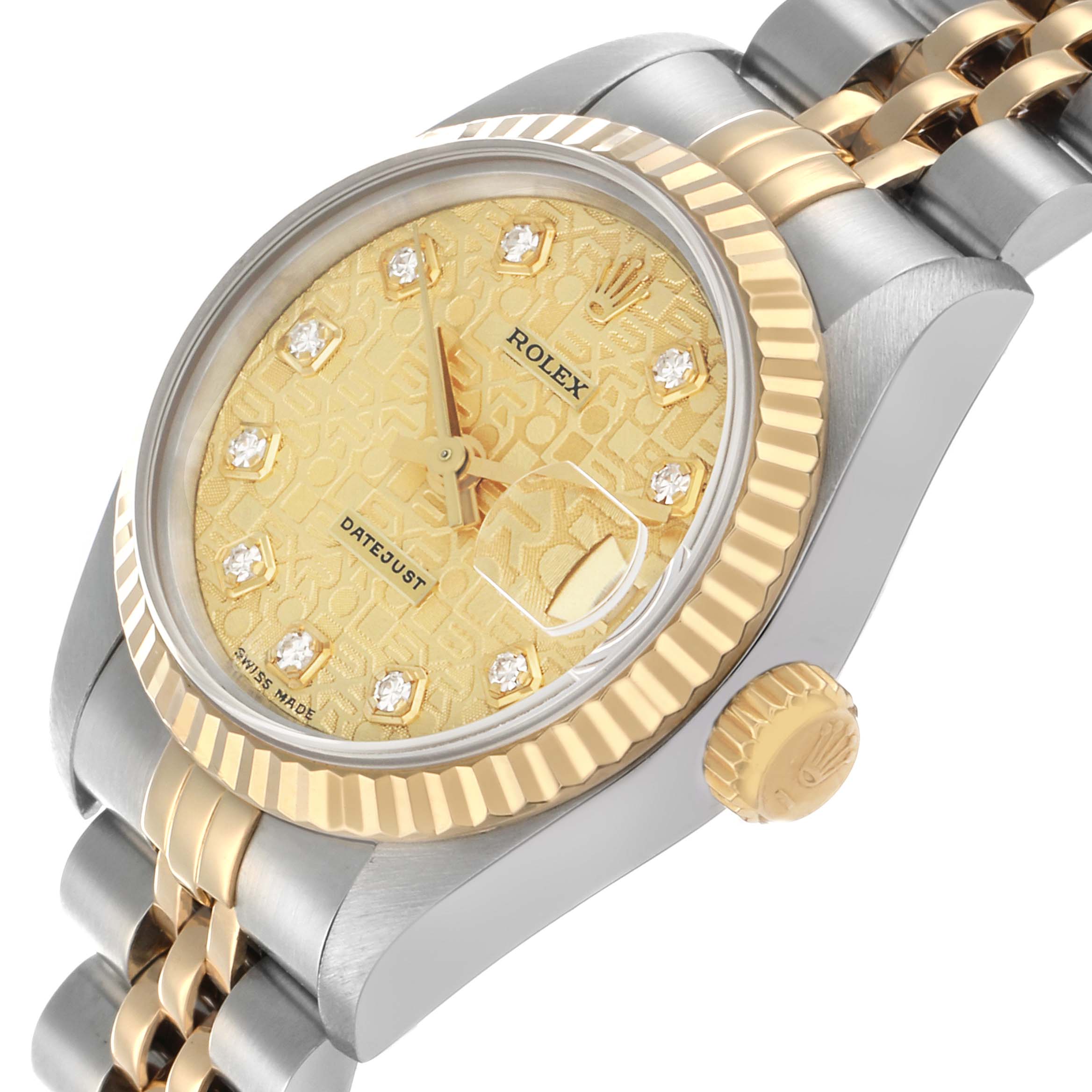 The Rolex Datejust 69173 Women's Steel and Gold (two tone) Champagne Dial watch is shown at an angled view, highlighting its dial, fluted bezel, and two-tone bracelet.
