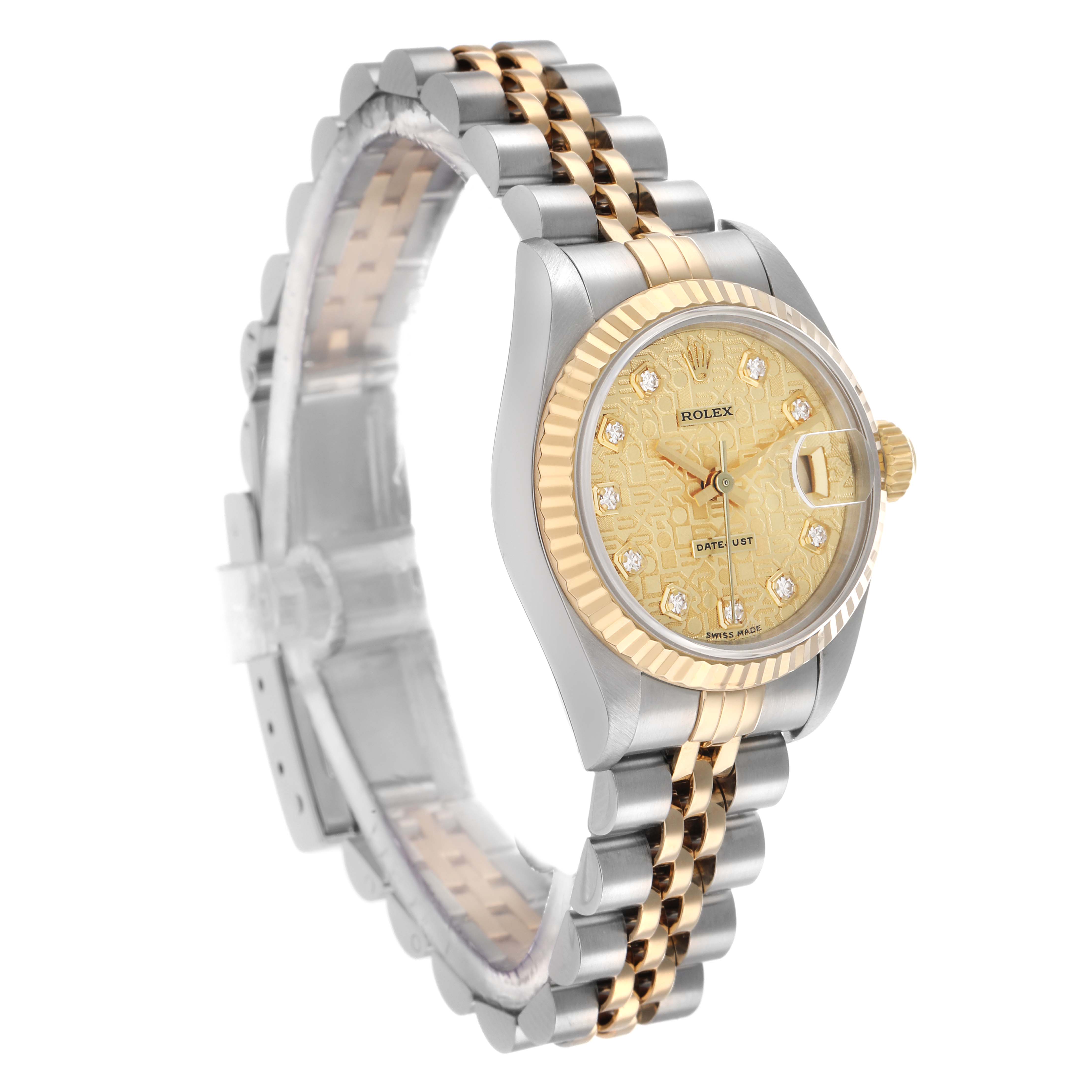 The Rolex Datejust 69173 Women's Steel and Gold (two tone) Champagne Dial is shown at a three-quarter angle, highlighting the bezel, dial, crown, and Jubilee bracelet.