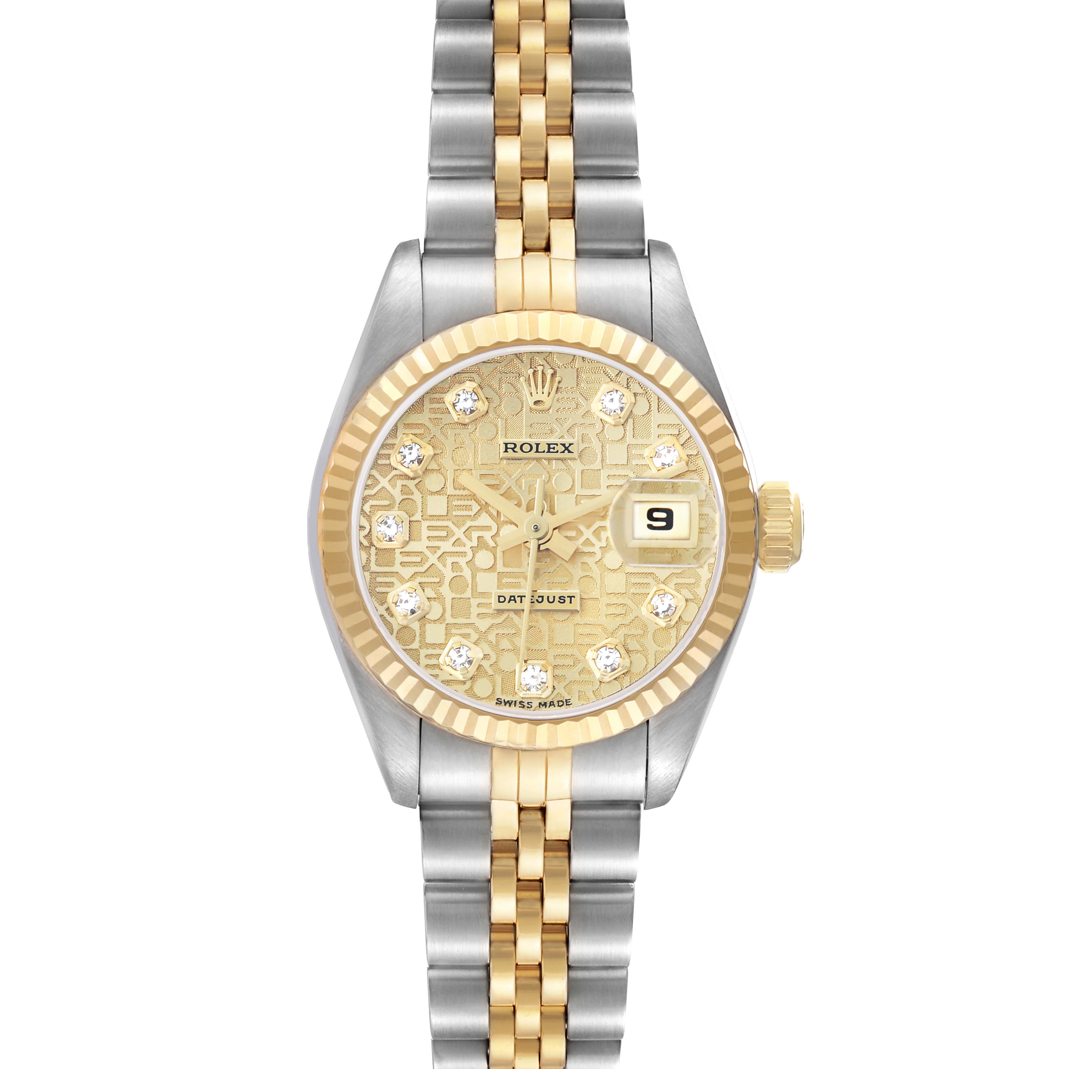 The Rolex Datejust 69173 Women's Steel and Gold (two tone) Champagne Dial watch is shown from a front angle, highlighting the dial, bezel, crown, and Jubilee bracelet.