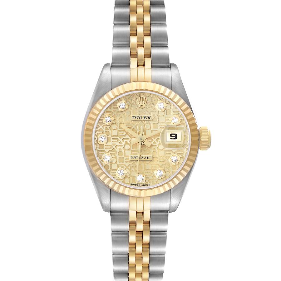 The Rolex Datejust 69173 Women's Steel and Gold (two tone) Champagne Dial watch is shown from a front angle, highlighting the dial, bezel, crown, and Jubilee bracelet.