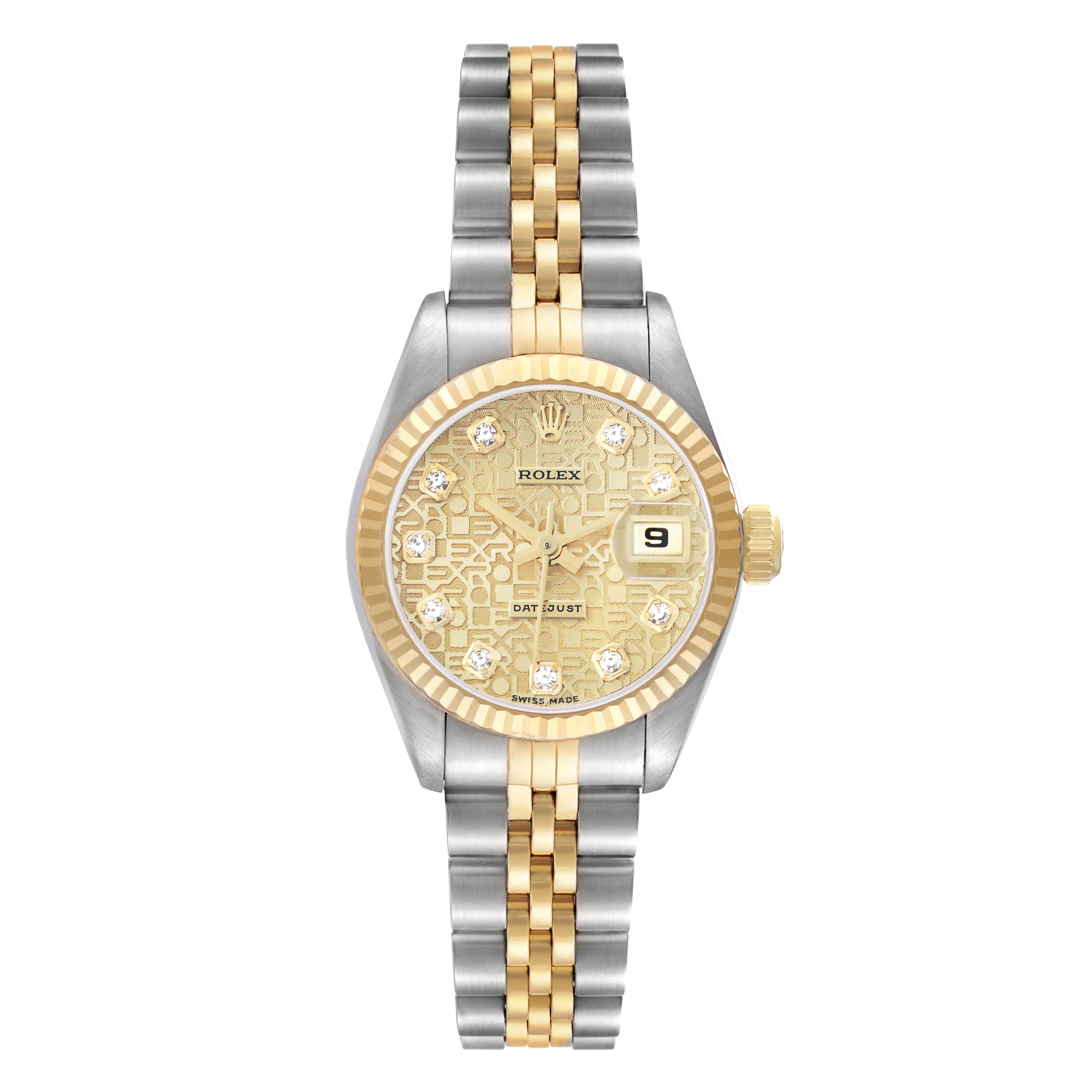 The Rolex Datejust 69173 Women's Steel and Gold (two tone) Champagne Dial watch is shown from the front, highlighting its dial, bezel, and two-tone bracelet.