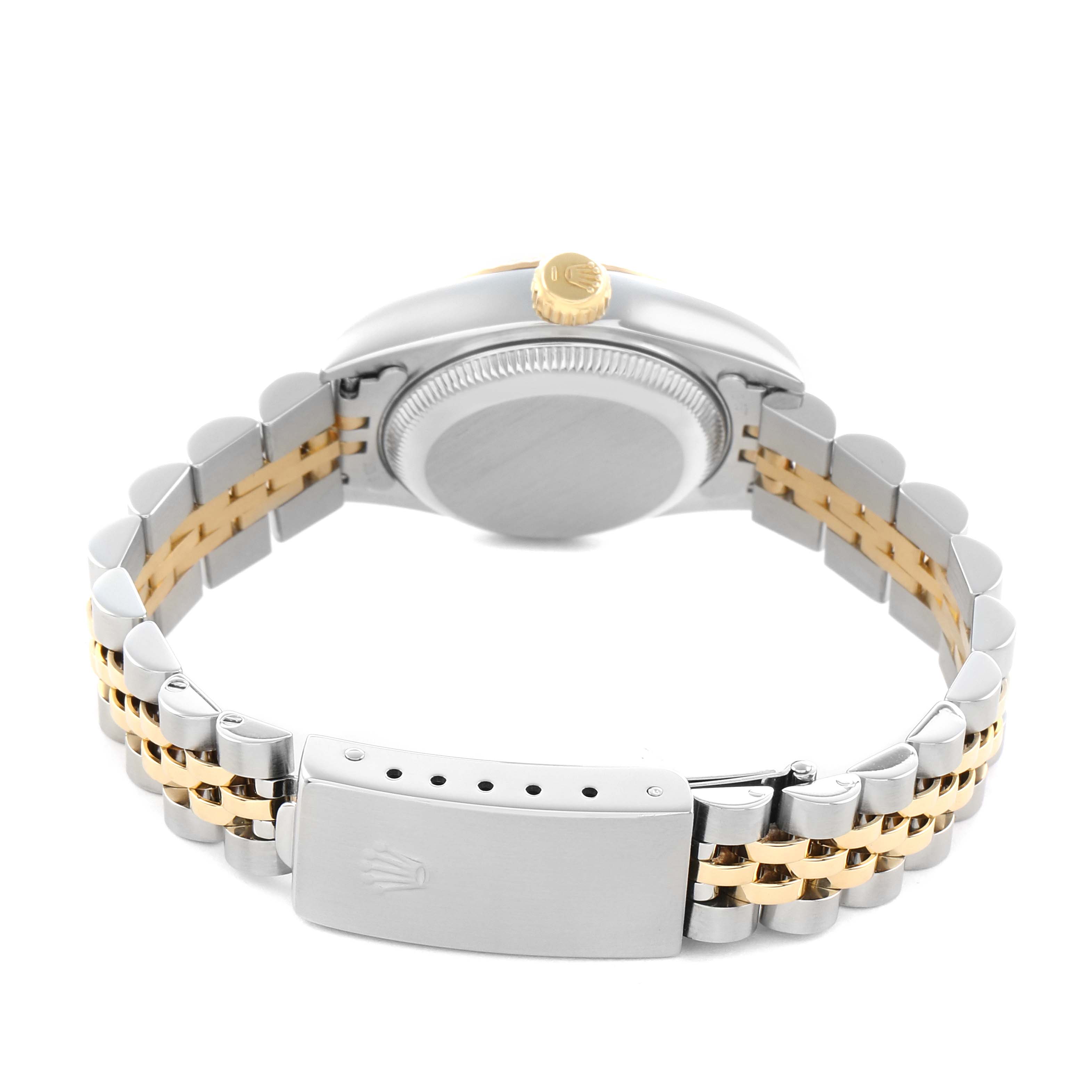 The image shows the back and side of a Rolex Datejust 69173 Women's Steel and Gold (two tone) Champagne Dial, highlighting the clasp, bracelet, and crown.