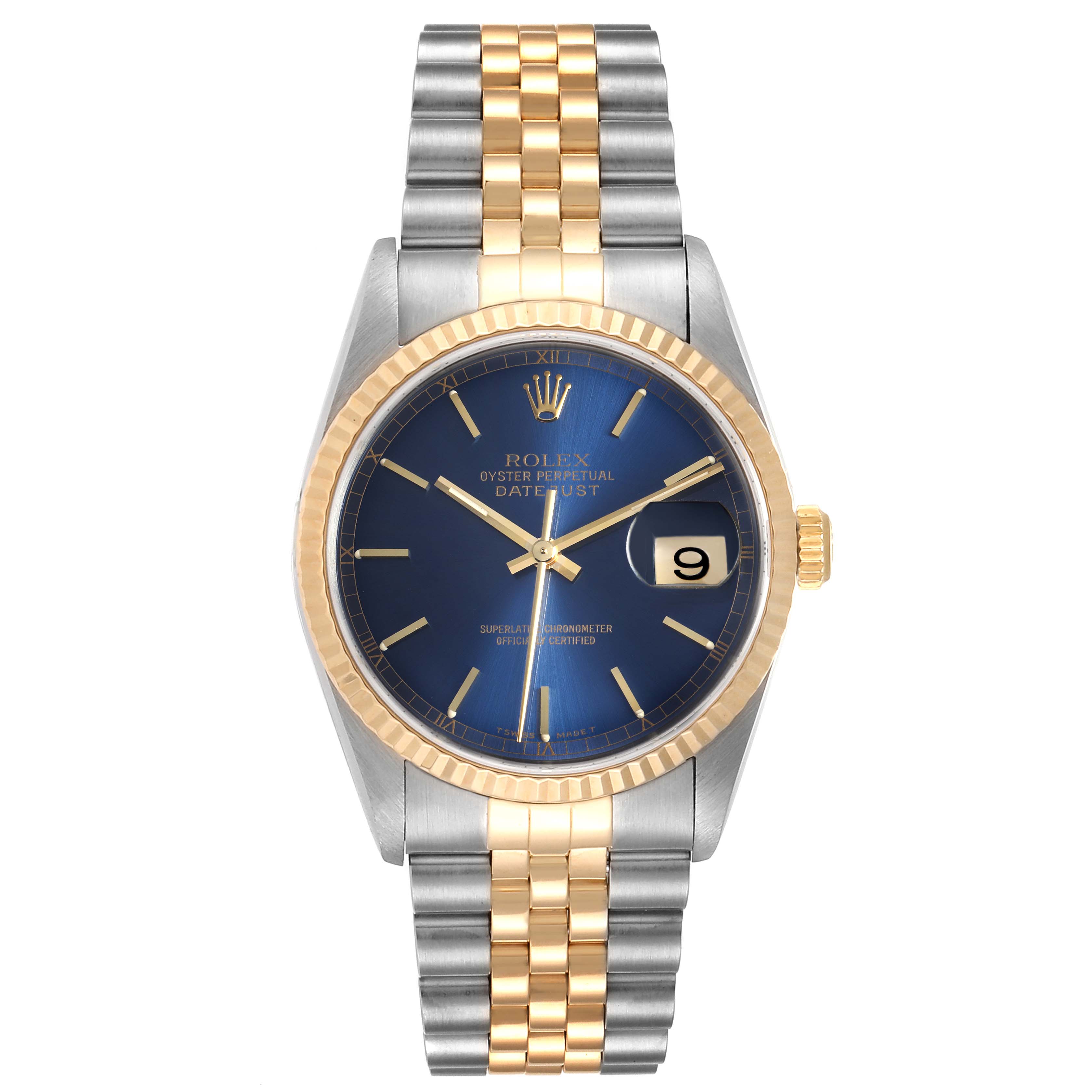 This is a front view of a Rolex Datejust 16233 Men's Steel and Gold (two tone) Blue Dial 16233 Men's Steel and Gold (two tone) Blue Dial with a blue dial, two-tone gold and stainless steel bracelet, and a date window at 3 o'clock.