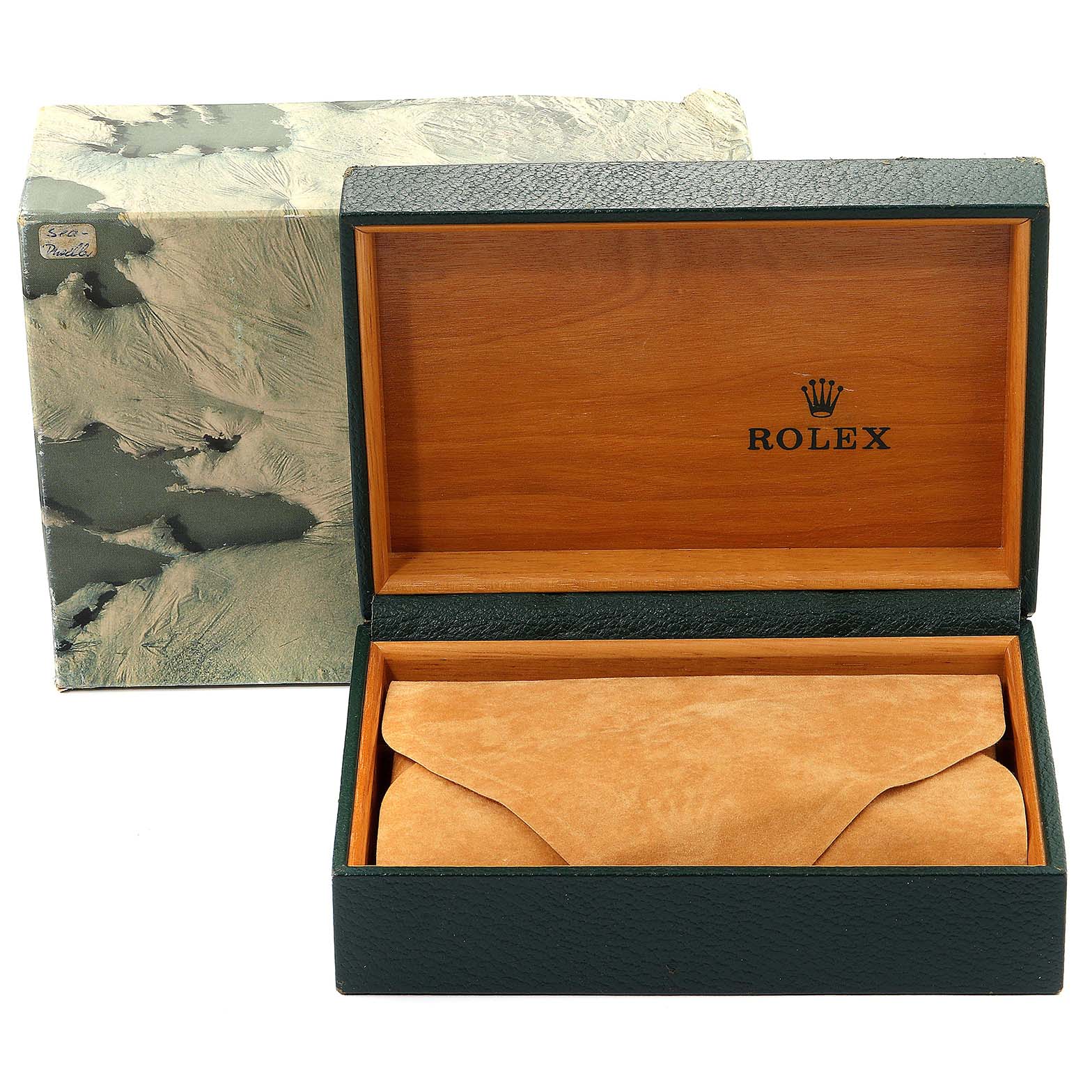 The image shows an open Rolex Datejust 16233 Men's Steel and Gold (two tone) Blue Dial 16233 Men's Steel and Gold (two tone) Blue Dial watch box and an outer protective box from a frontal angle.