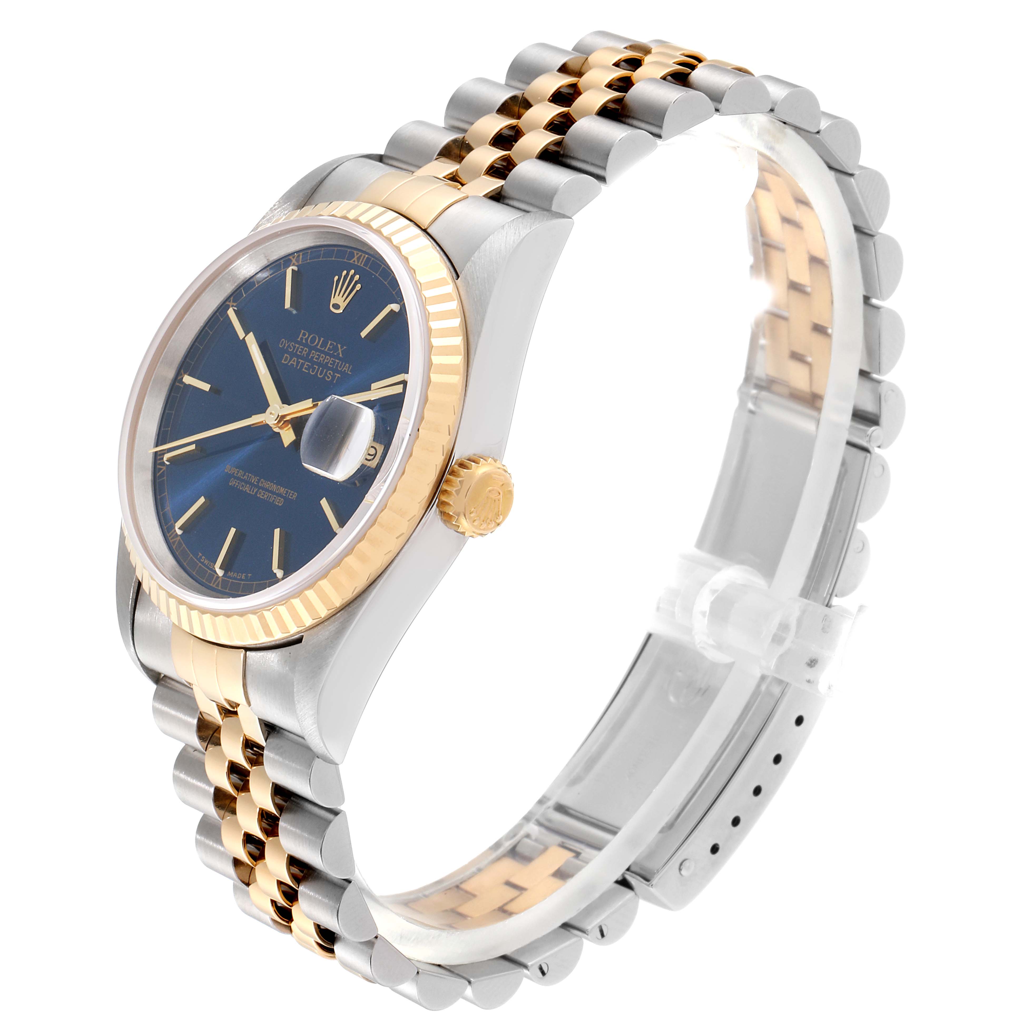 The Rolex Datejust 16233 Men's Steel and Gold (two tone) Blue Dial 16233 Men's Steel and Gold (two tone) Blue Dial watch is shown at a three-quarter angle, highlighting the dial, bezel, and two-tone bracelet.