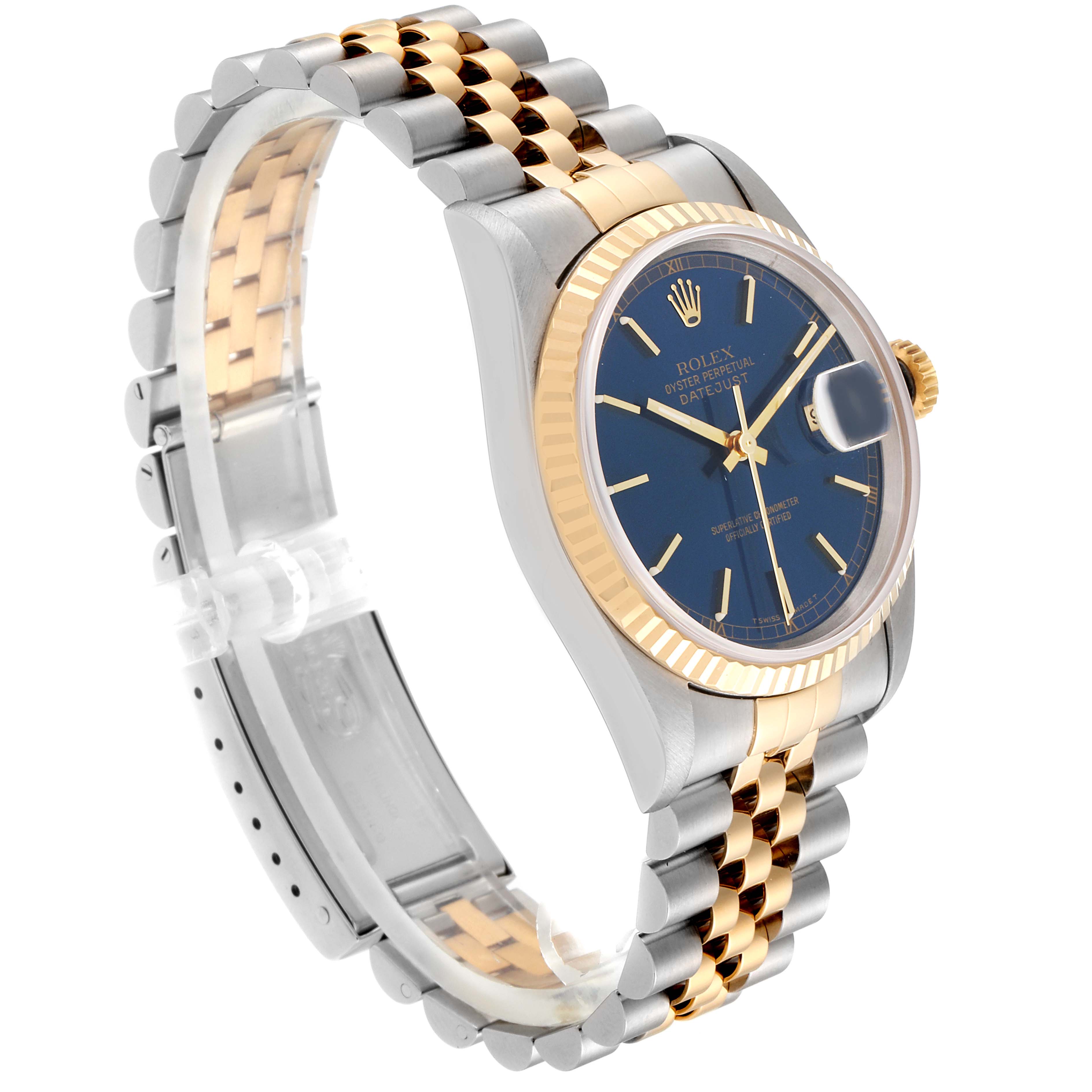 The Rolex Datejust 16233 Men's Steel and Gold (two tone) Blue Dial 16233 Men's Steel and Gold (two tone) Blue Dial watch is shown at a three-quarter angle, highlighting its blue dial, fluted bezel, and two-tone Jubilee bracelet.