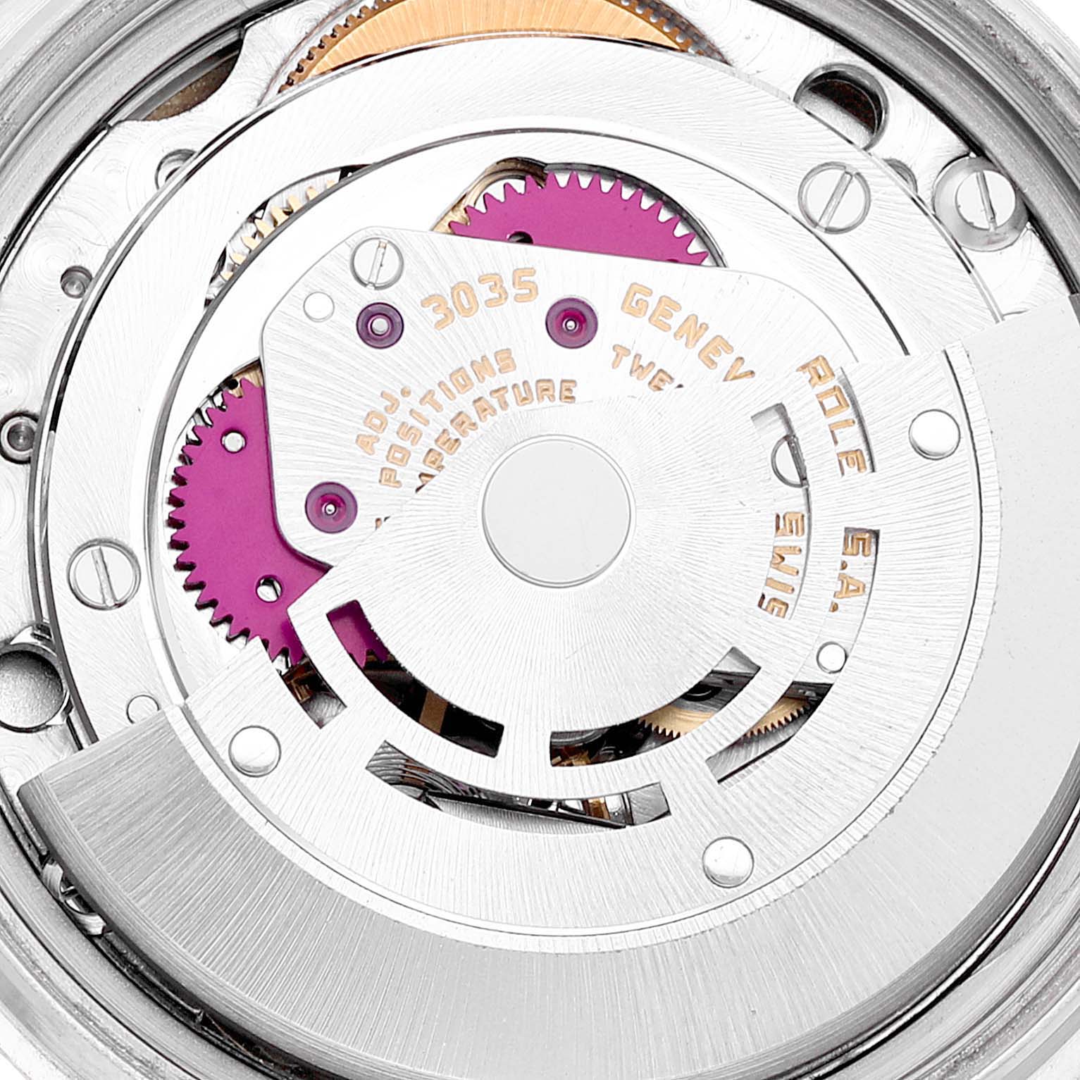 The image shows an internal, detailed view of the movement mechanism of a Rolex Vintage Collection 16013 Men's Steel and Gold (two tone) Champagne Dial 16013 Men's Steel and Gold (two tone) Champagne Dial watch, model 3035.