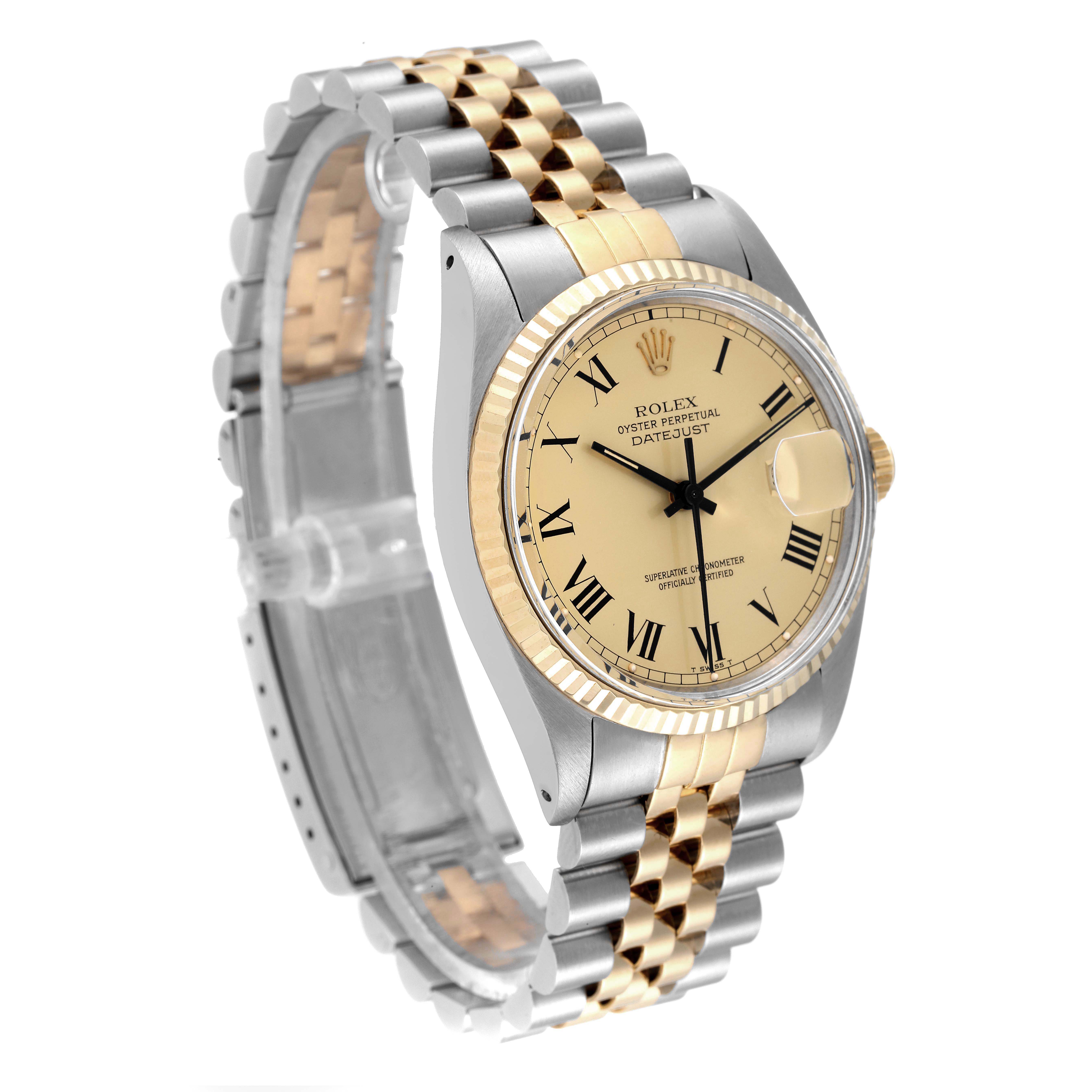 The image shows a Rolex Vintage Collection 16013 Men's Steel and Gold (two tone) Champagne Dial 16013 Men's Steel and Gold (two tone) Champagne Dial Datejust watch at a slight angle, highlighting its two-tone bracelet, bezel, and dial.