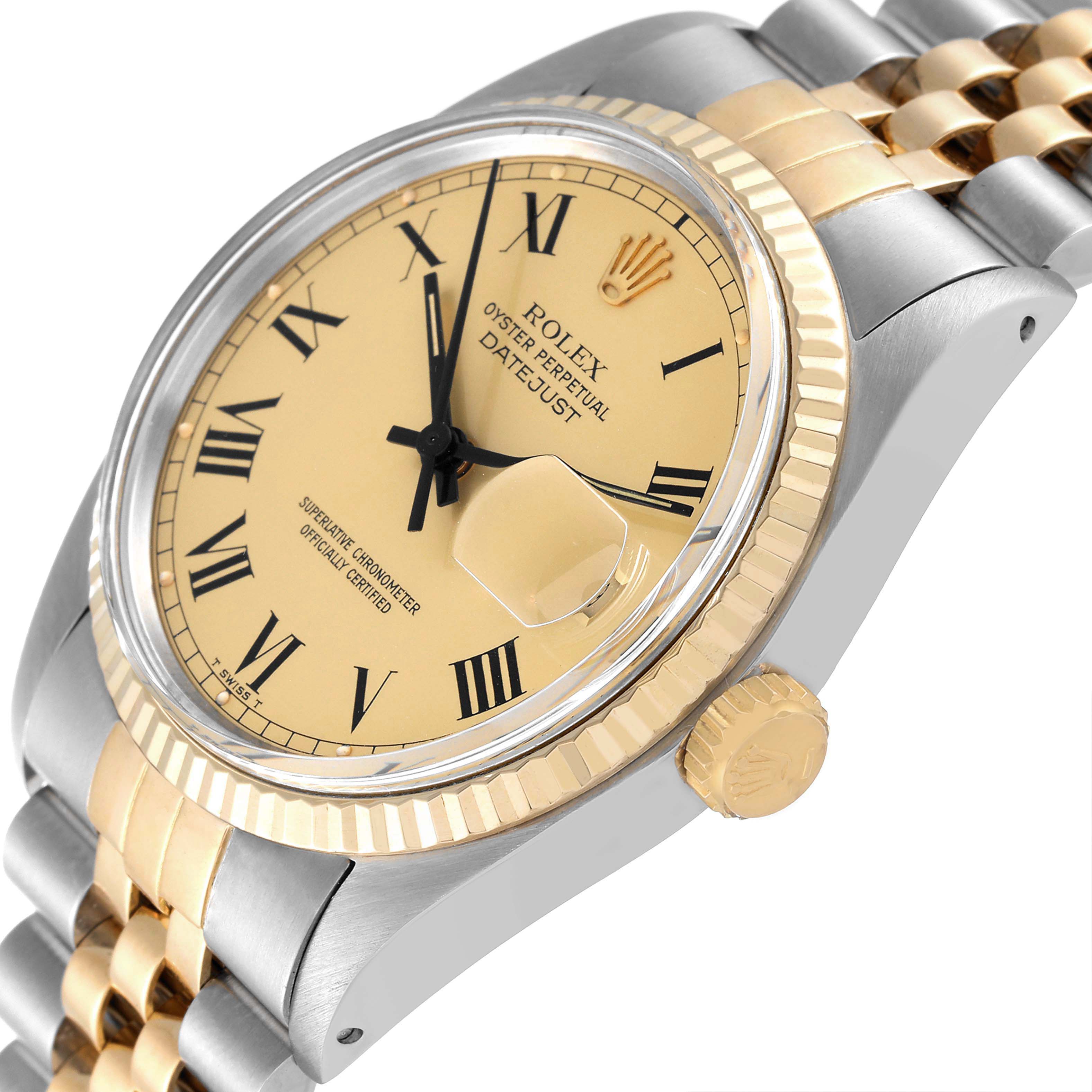 The image shows a close-up angled view of the Rolex Vintage Collection 16013 Men's Steel and Gold (two tone) Champagne Dial 16013 Men's Steel and Gold (two tone) Champagne Dial Datejust watch, highlighting the dial, crown, and bezel.