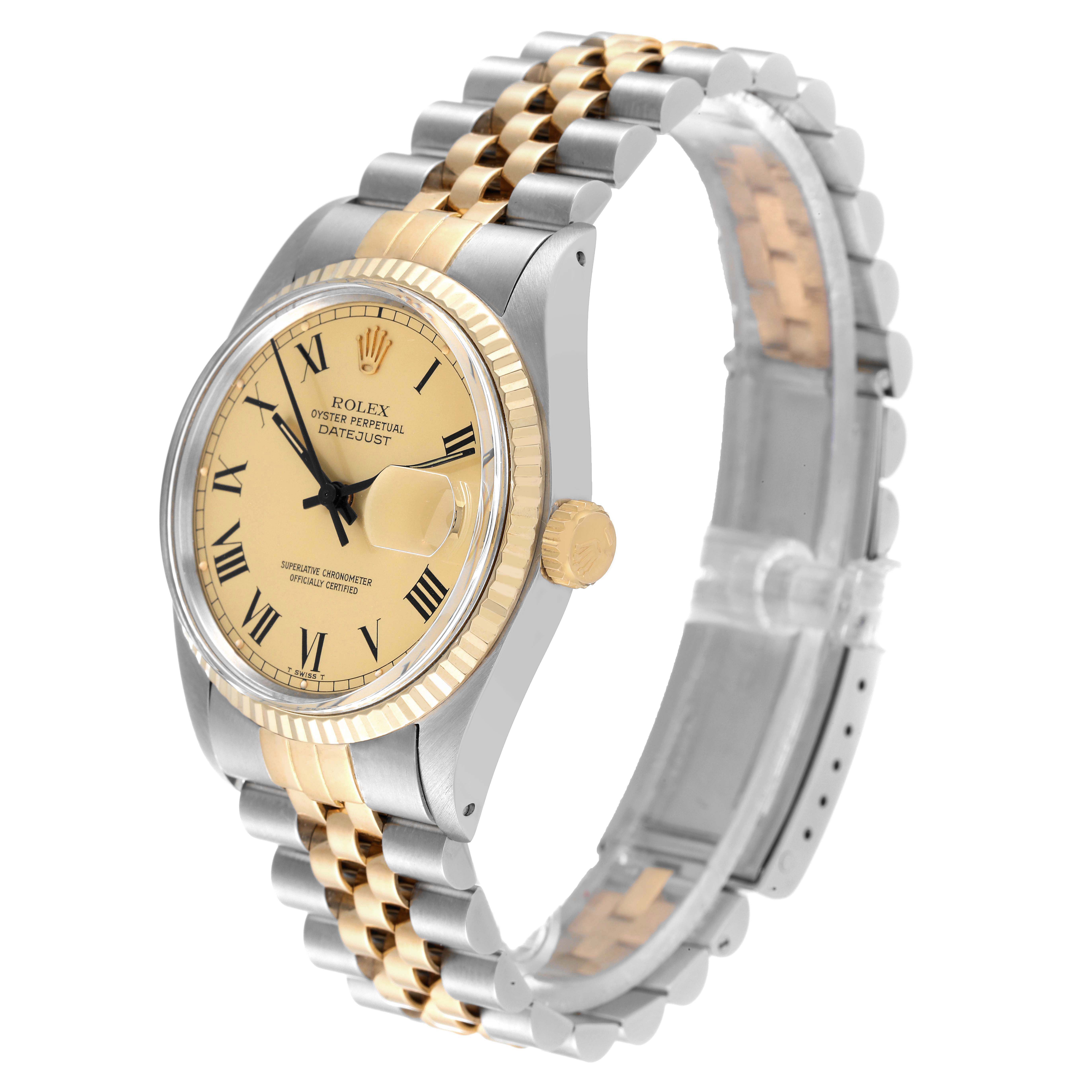 The Rolex Vintage Collection 16013 Men's Steel and Gold (two tone) Champagne Dial 16013 Men's Steel and Gold (two tone) Champagne Dial Datejust watch is shown at an angle highlighting the face, crown, and bracelet.