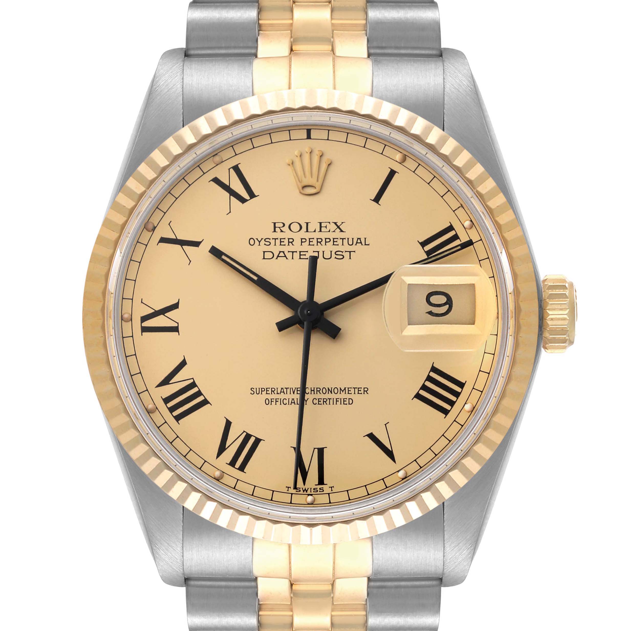 The image shows a frontal view of the Rolex Vintage Collection 16013 Men's Steel and Gold (two tone) Champagne Dial 16013 Men's Steel and Gold (two tone) Champagne Dial Oyster Perpetual Datejust watch, focusing on its dial and bracelet.