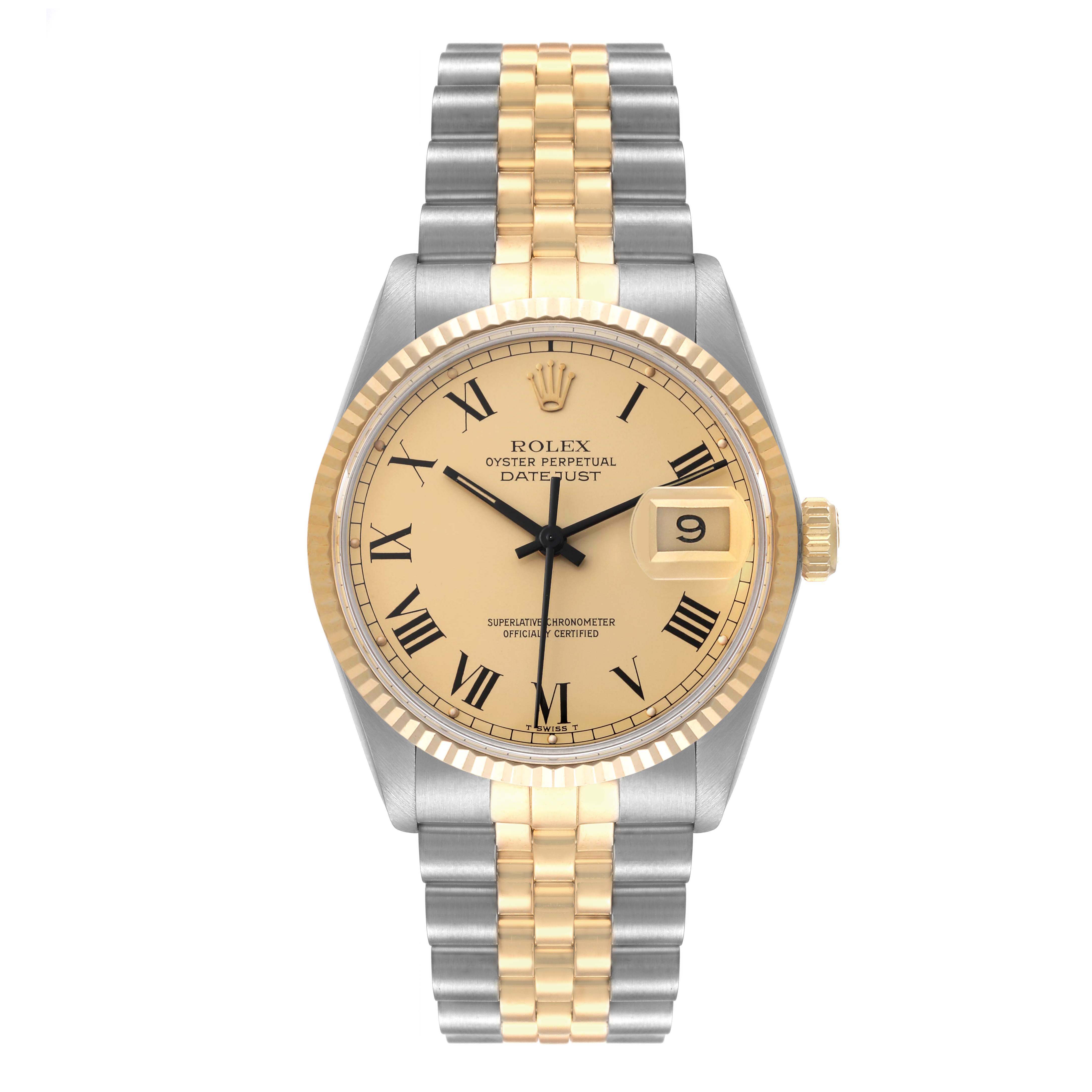 The Rolex Vintage Collection 16013 Men's Steel and Gold (two tone) Champagne Dial 16013 Men's Steel and Gold (two tone) Champagne Dial watch is shown from the front, displaying the face, bezel, and bracelet clearly.