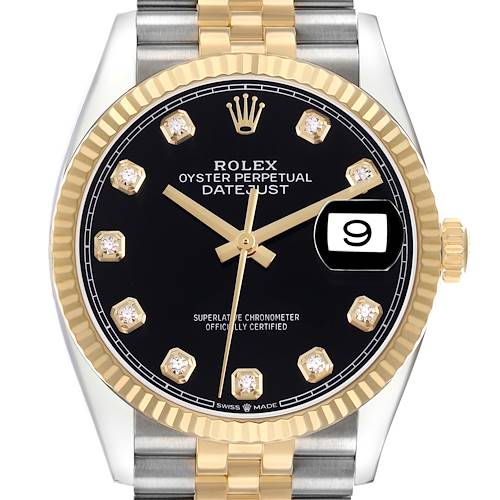 The Rolex Datejust 126233 Men's Steel and Gold (two tone) Black Dial watch is shown from the front, highlighting its black dial, diamond hour markers, and gold fluted bezel.