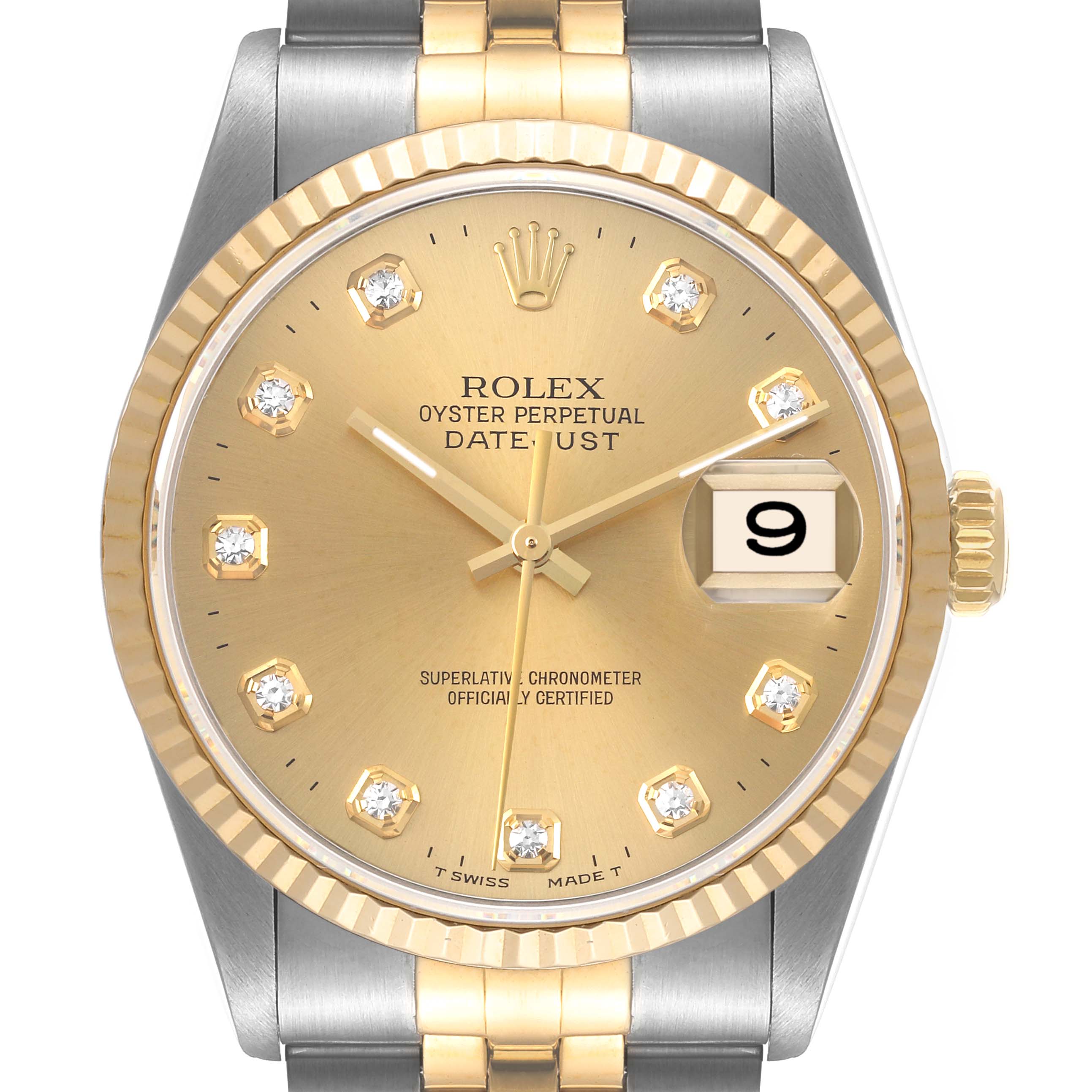This image shows a close-up, front view of a Rolex Datejust 16233 Men's Steel and Gold (two tone) Champagne Dial 16233 Men's Steel and Gold (two tone) Champagne Dial watch, highlighting its dial, hands, date, and part of the bracelet.