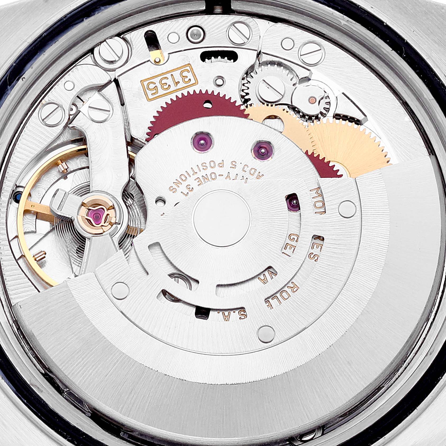 The image shows a close-up of the movement mechanism of a Rolex Datejust 16233 Men's Steel and Gold (two tone) Champagne Dial 16233 Men's Steel and Gold (two tone) Champagne Dial watch.