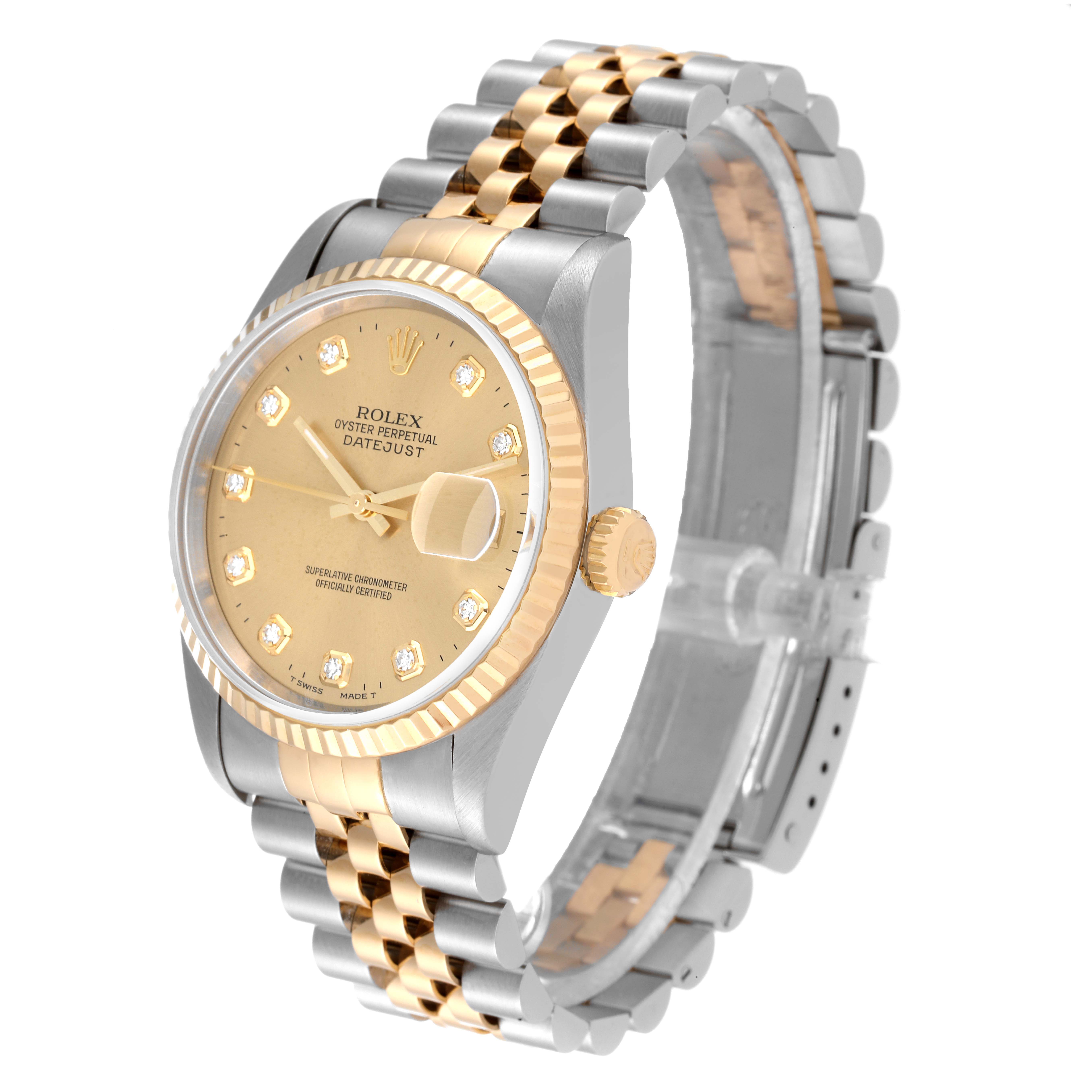 The Rolex Datejust 16233 Men's Steel and Gold (two tone) Champagne Dial 16233 Men's Steel and Gold (two tone) Champagne Dial model is shown from an angled side view, displaying the two-tone bracelet, golden dial, bezel, and crown.