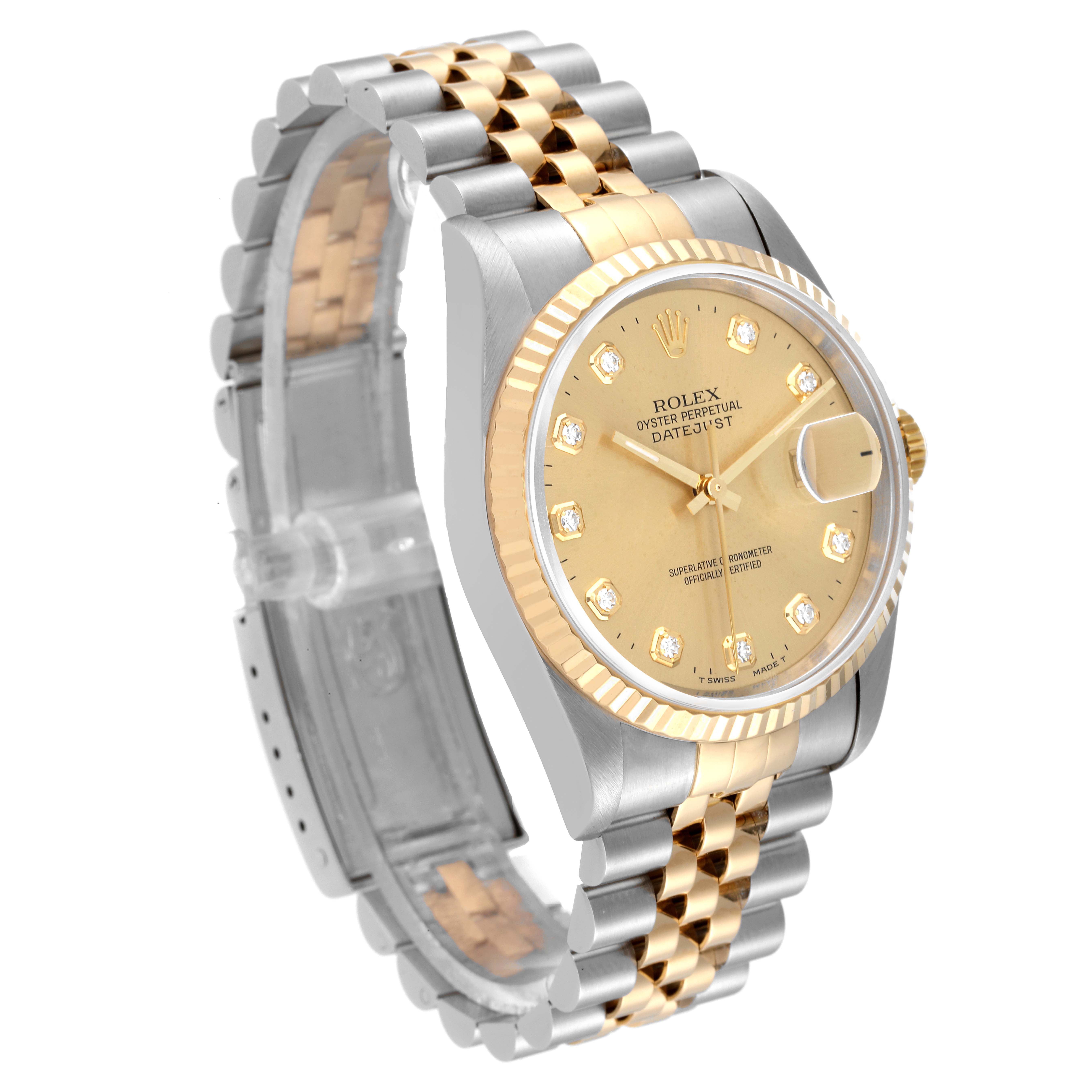 This image shows a side angle of a Rolex Datejust 16233 Men's Steel and Gold (two tone) Champagne Dial 16233 Men's Steel and Gold (two tone) Champagne Dial watch, highlighting the face, fluted bezel, and two-tone jubilee bracelet.
