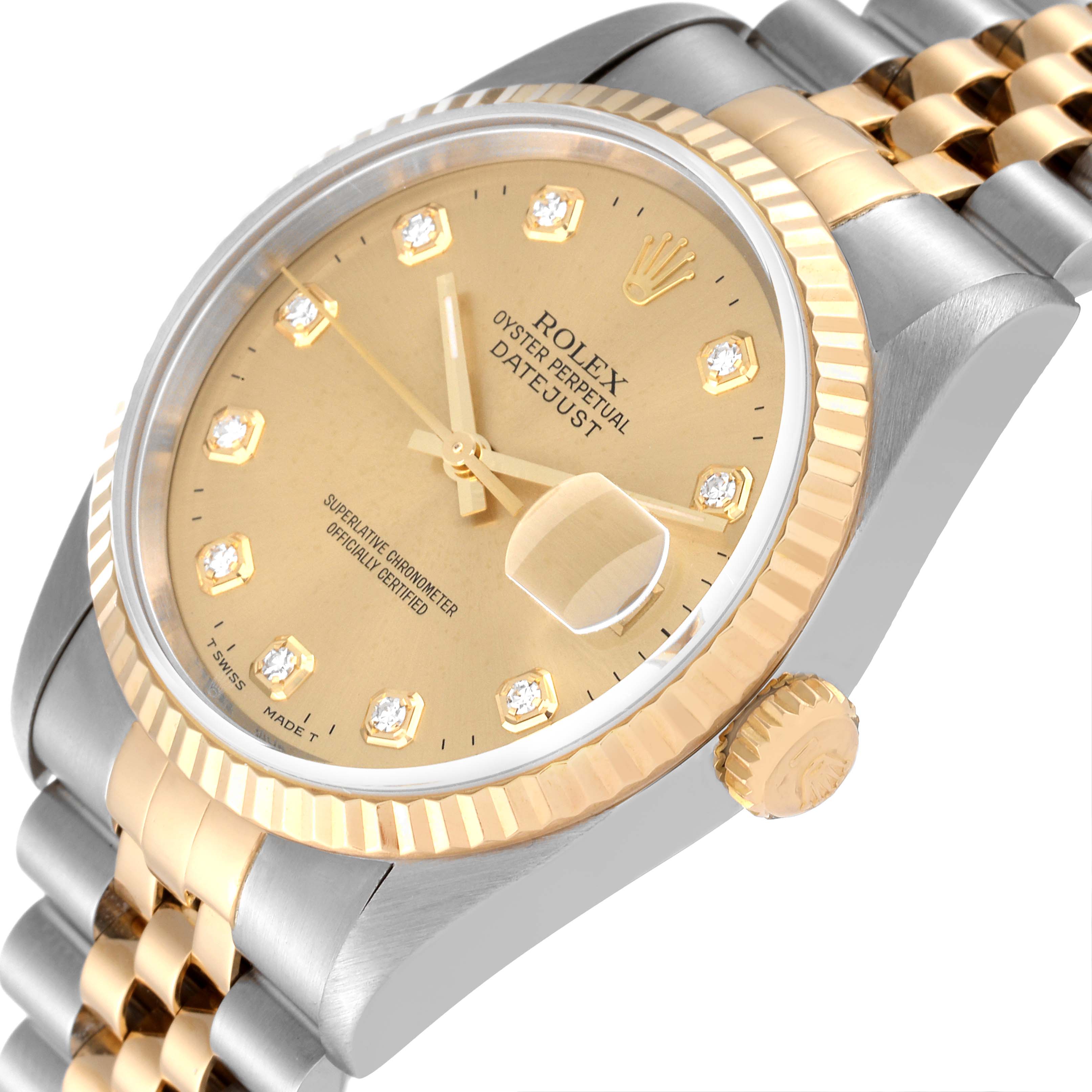 This image shows a close-up angle of the Rolex Datejust 16233 Men's Steel and Gold (two tone) Champagne Dial 16233 Men's Steel and Gold (two tone) Champagne Dial watch, highlighting the dial, crown, and part of the bracelet.